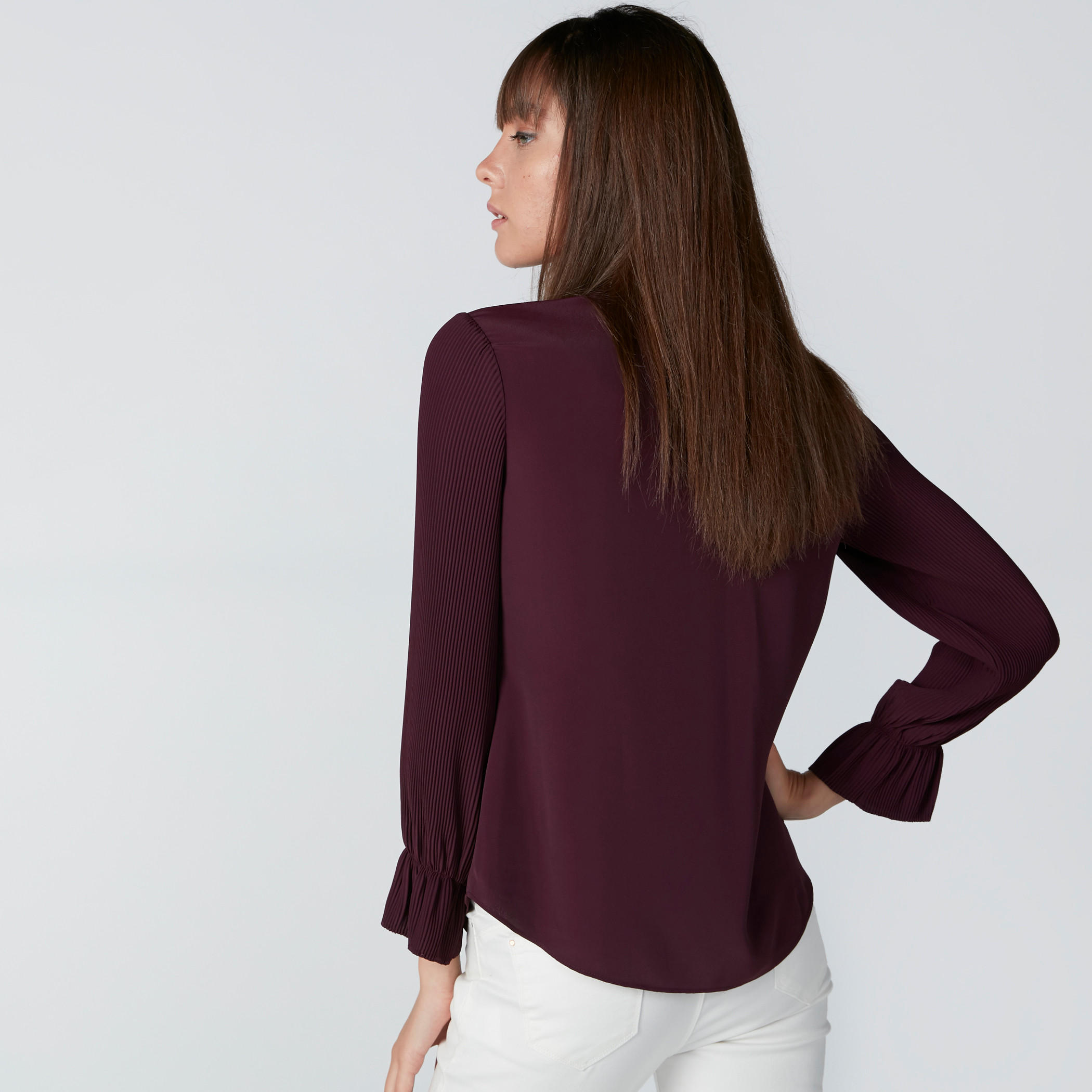 Mandarin Collar Shirt with Pleated Long Sleeves and Concealed Placket-women-clothing-shirtsandblouses-shirts-image-3