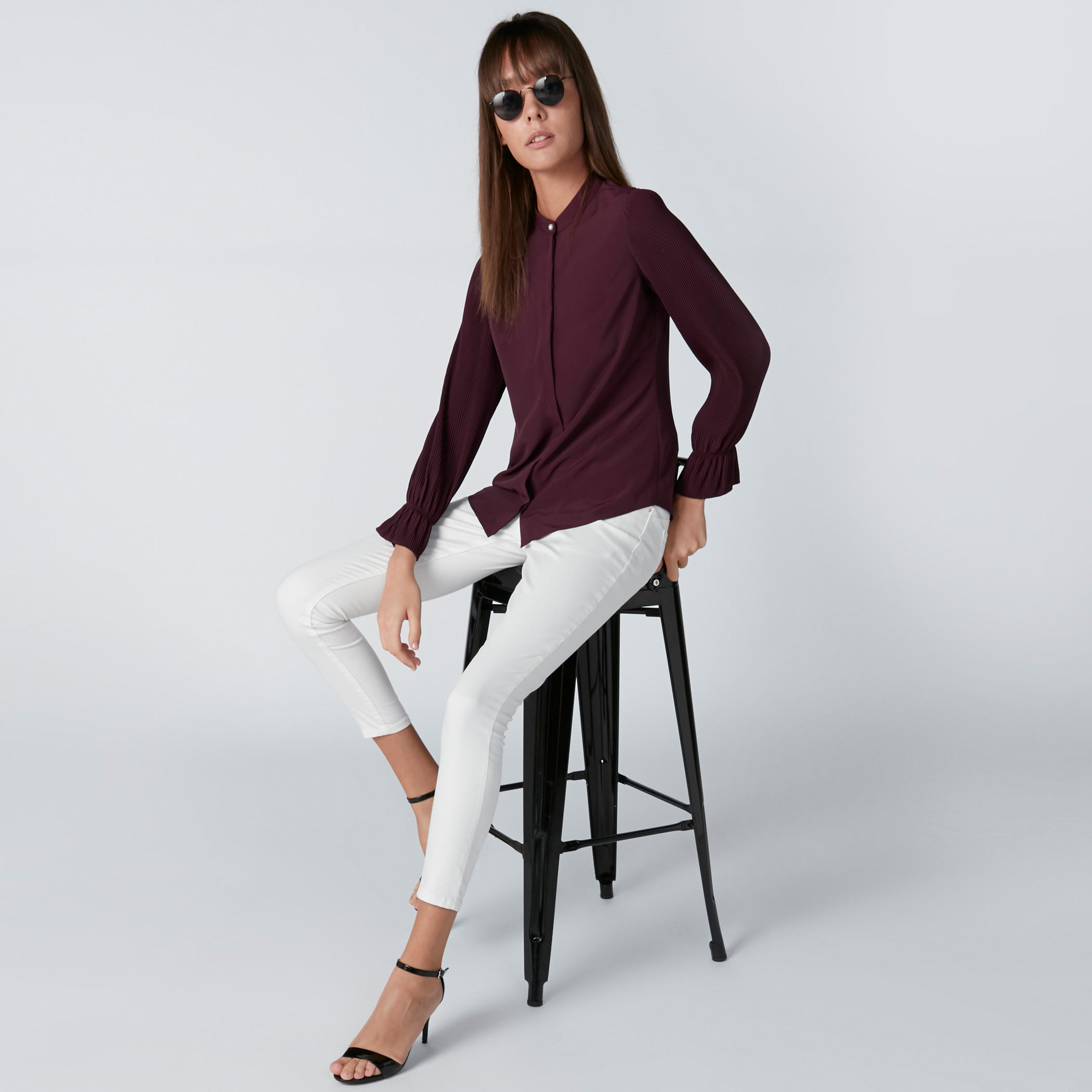 Mandarin Collar Shirt with Pleated Long Sleeves and Concealed Placket-women-clothing-shirtsandblouses-shirts-image-2