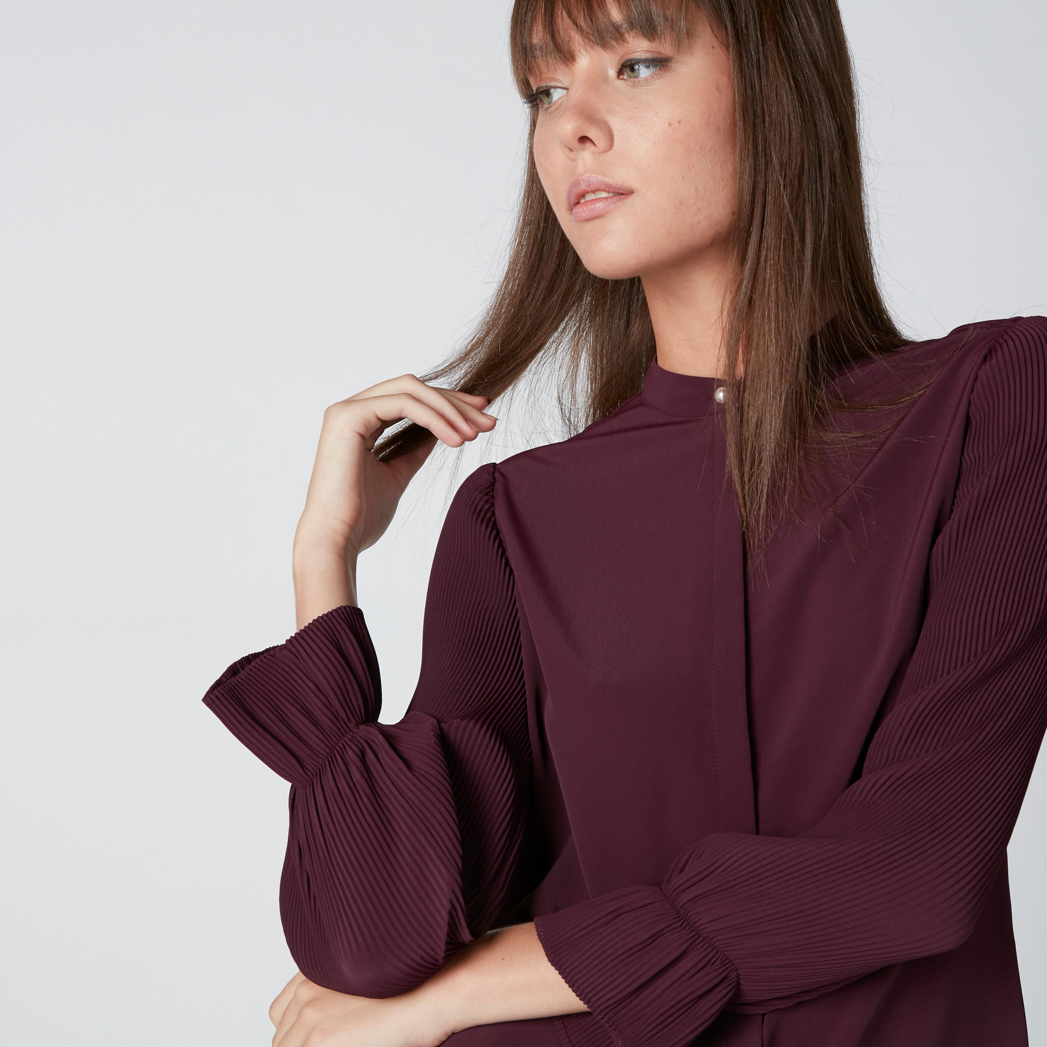 Mandarin Collar Shirt with Pleated Long Sleeves and Concealed Placket-women-clothing-shirtsandblouses-shirts-image-1