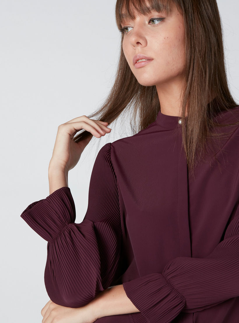 Mandarin Collar Shirt with Pleated Long Sleeves and Concealed Placket-women-clothing-shirtsandblouses-shirts-image-1