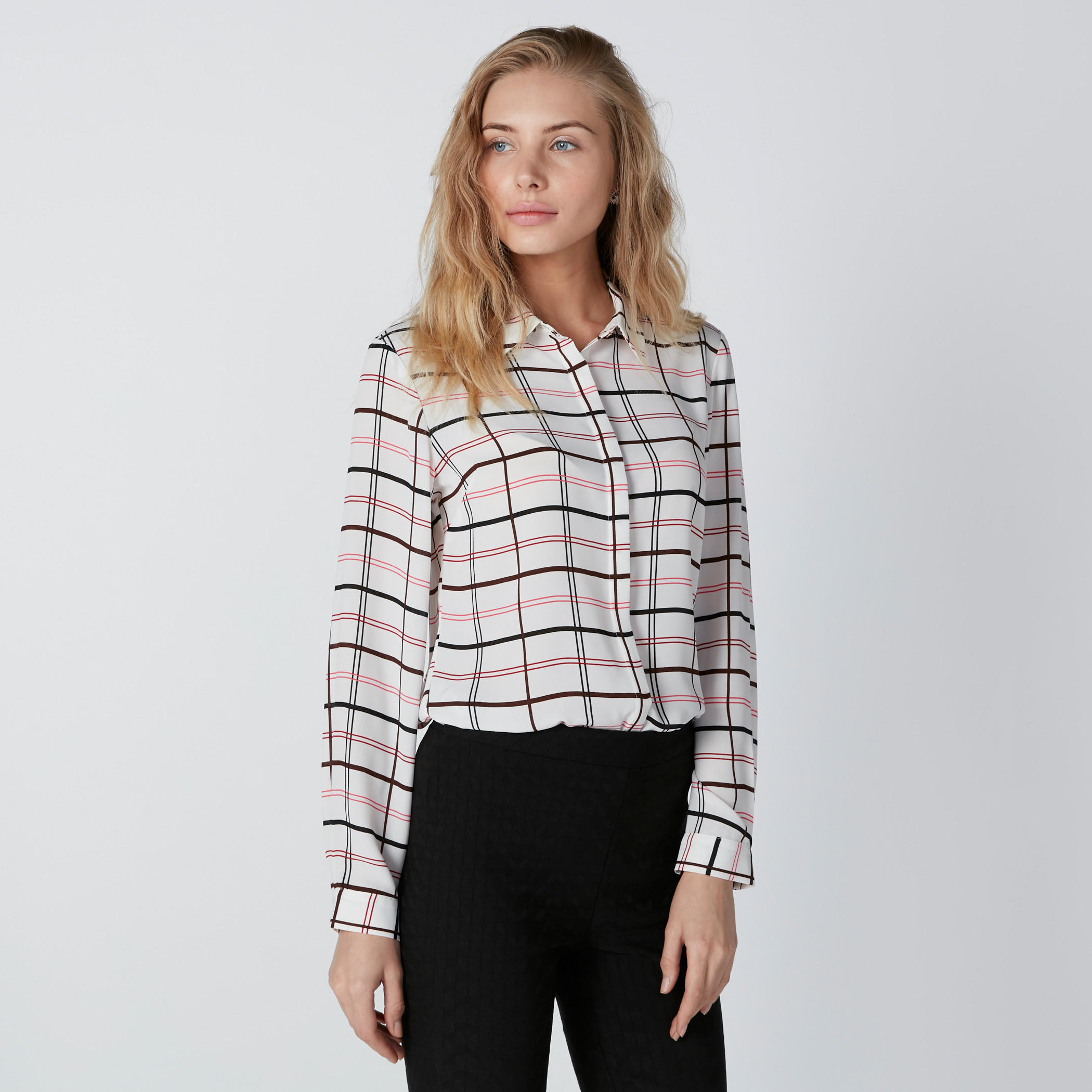 Chequered Shirt with Long Sleeves and Concealed Placket-women-clothing-shirtsandblouses-shirts-image-1