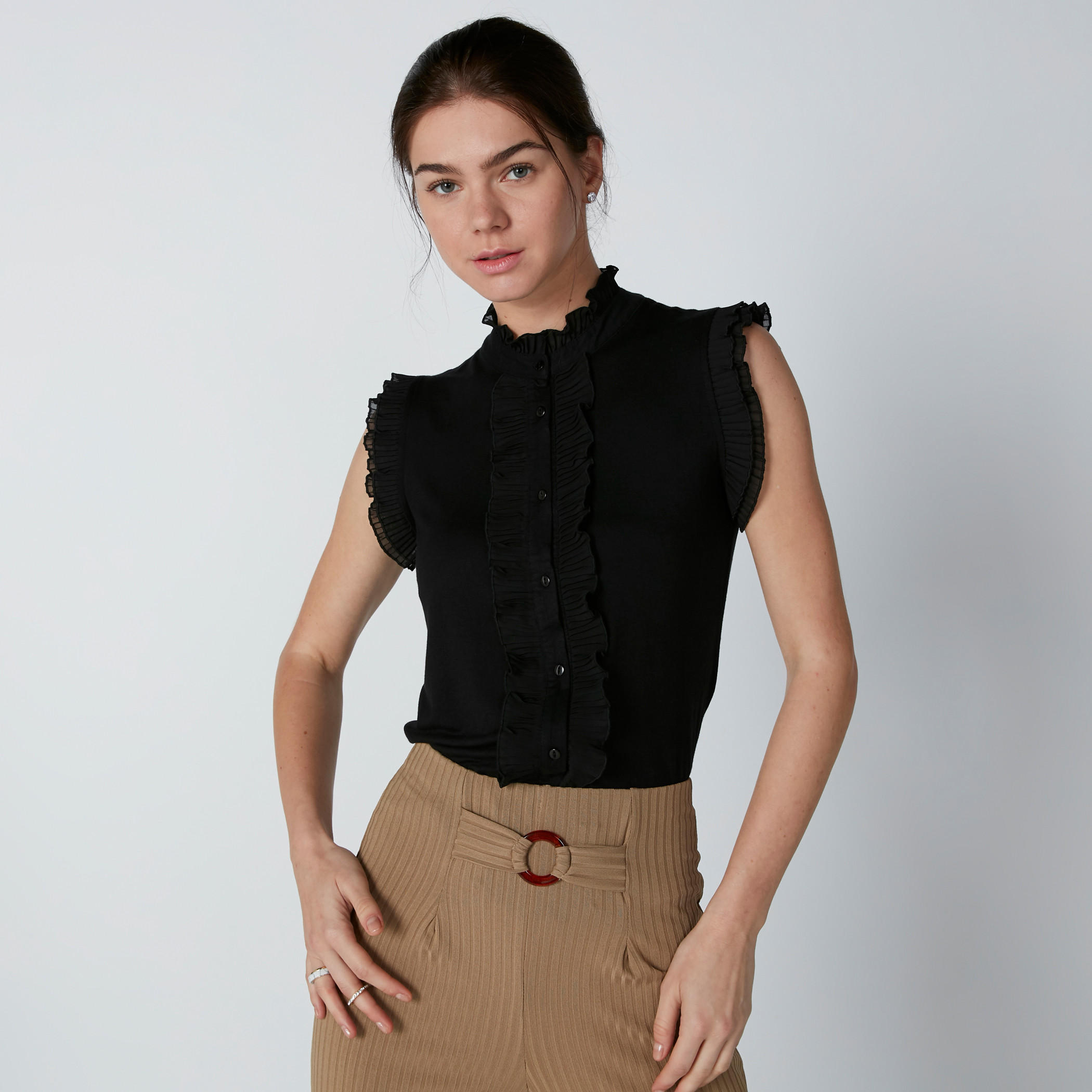 Sleeveless Shirt with Complete Placket and Frill Detail-women-clothing-shirtsandblouses-shirts-image-1