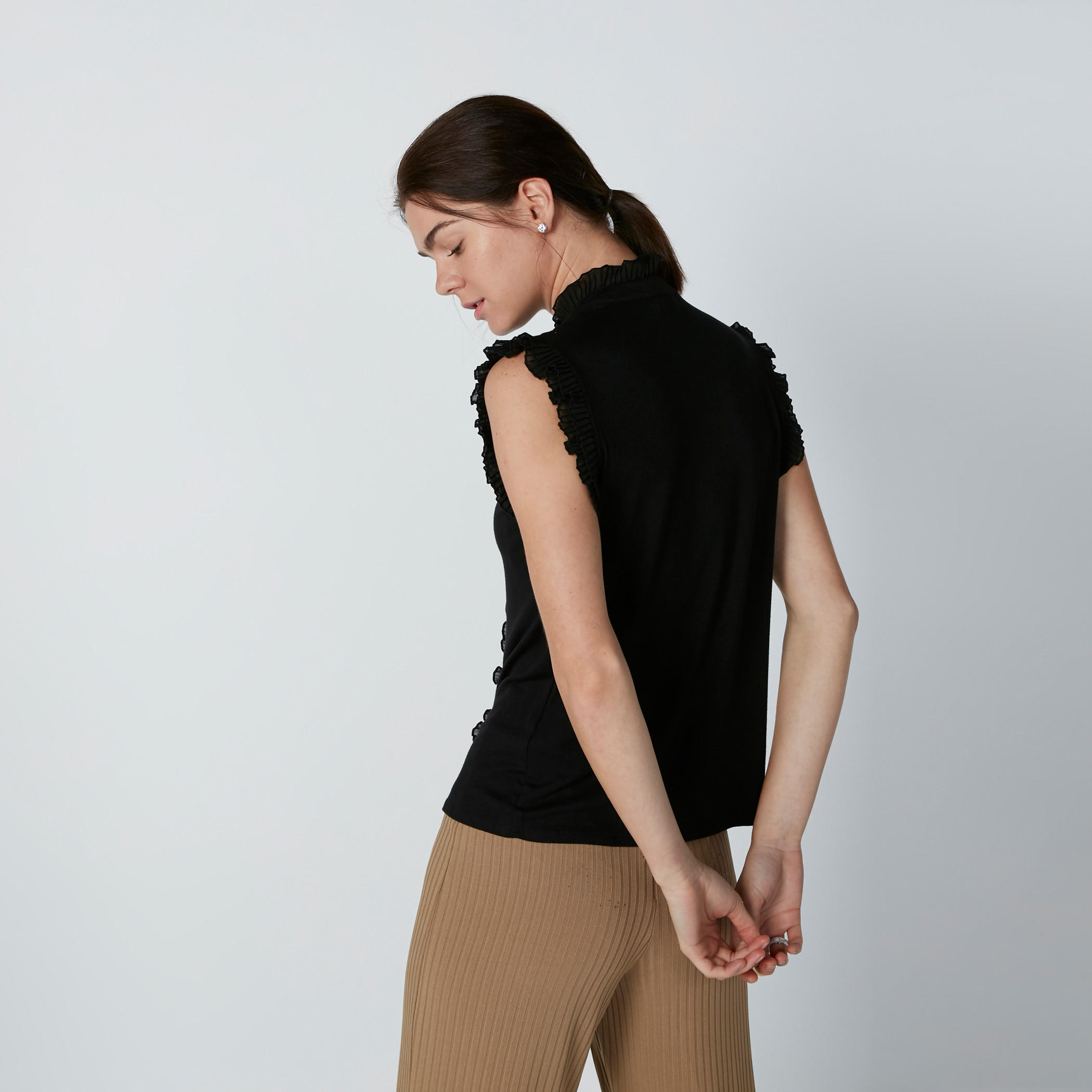 Sleeveless Shirt with Complete Placket and Frill Detail-women-clothing-shirtsandblouses-shirts-image-2
