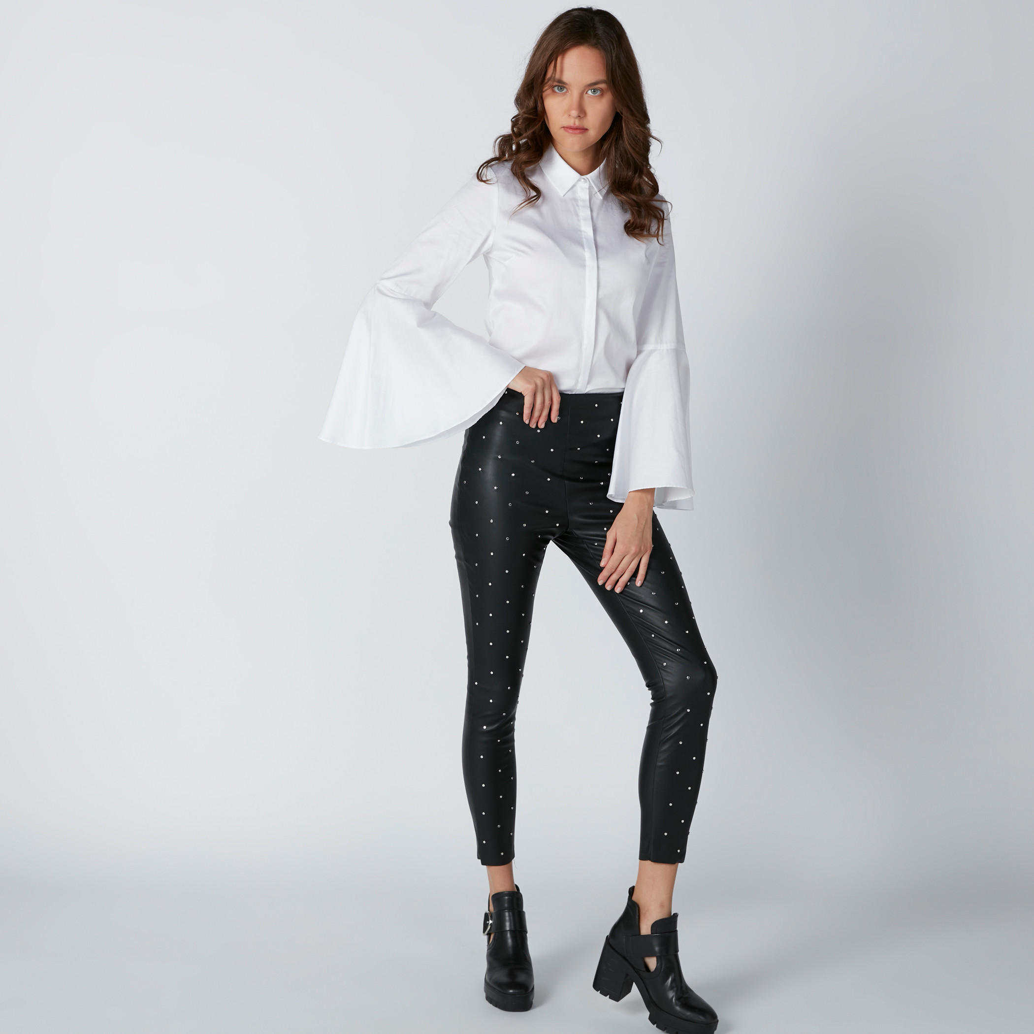 Concealed Placket Shirt with Flared Long Sleeves-women-clothing-shirtsandblouses-shirts-image-3