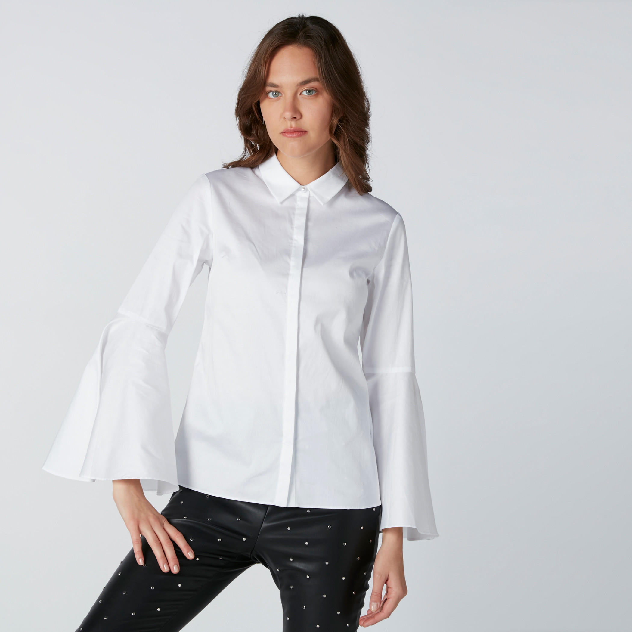 Concealed Placket Shirt with Flared Long Sleeves-women-clothing-shirtsandblouses-shirts-image-4