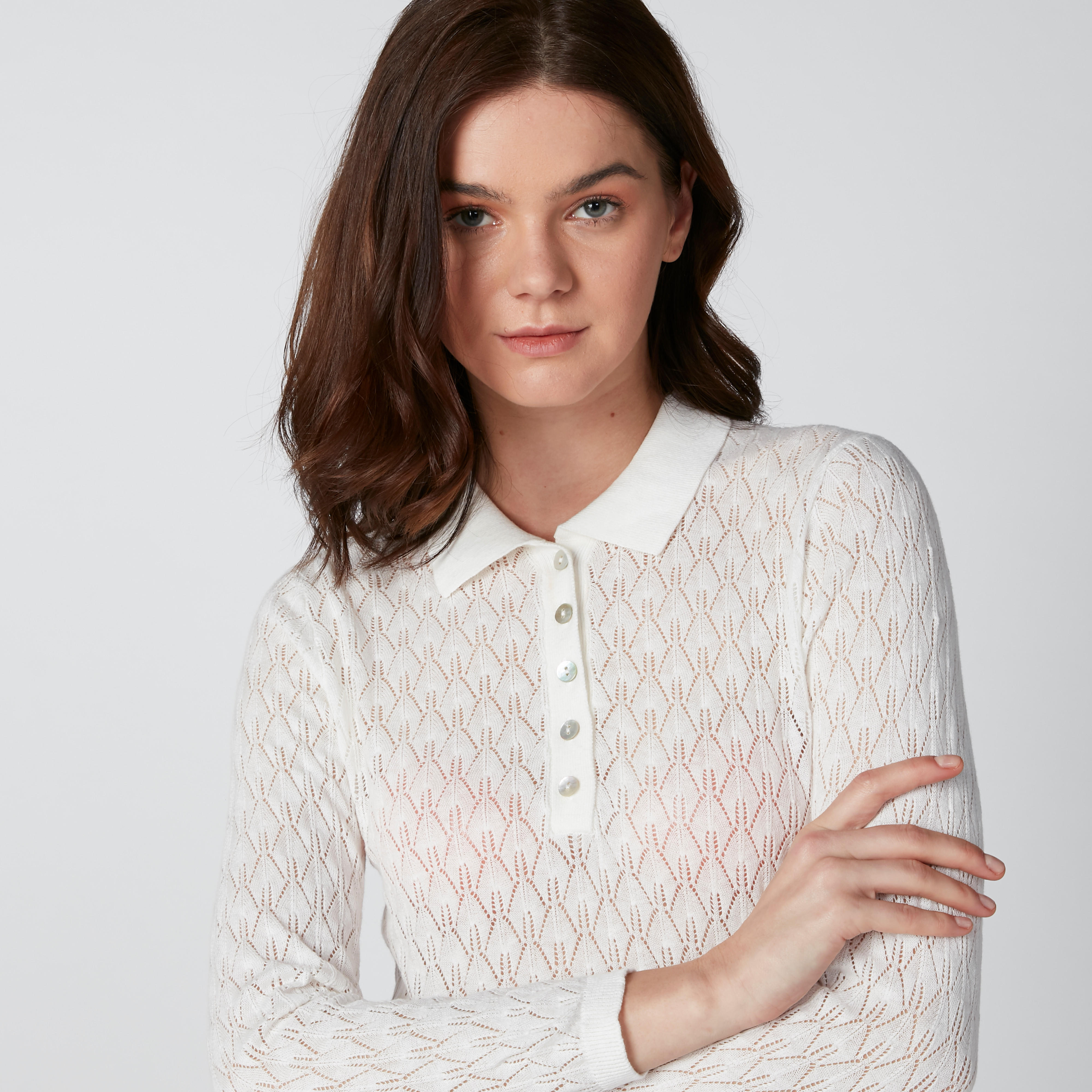 Sustainable Textured Top with Polo Neck and Long Sleeves-women-clothing-tshirts-image-4