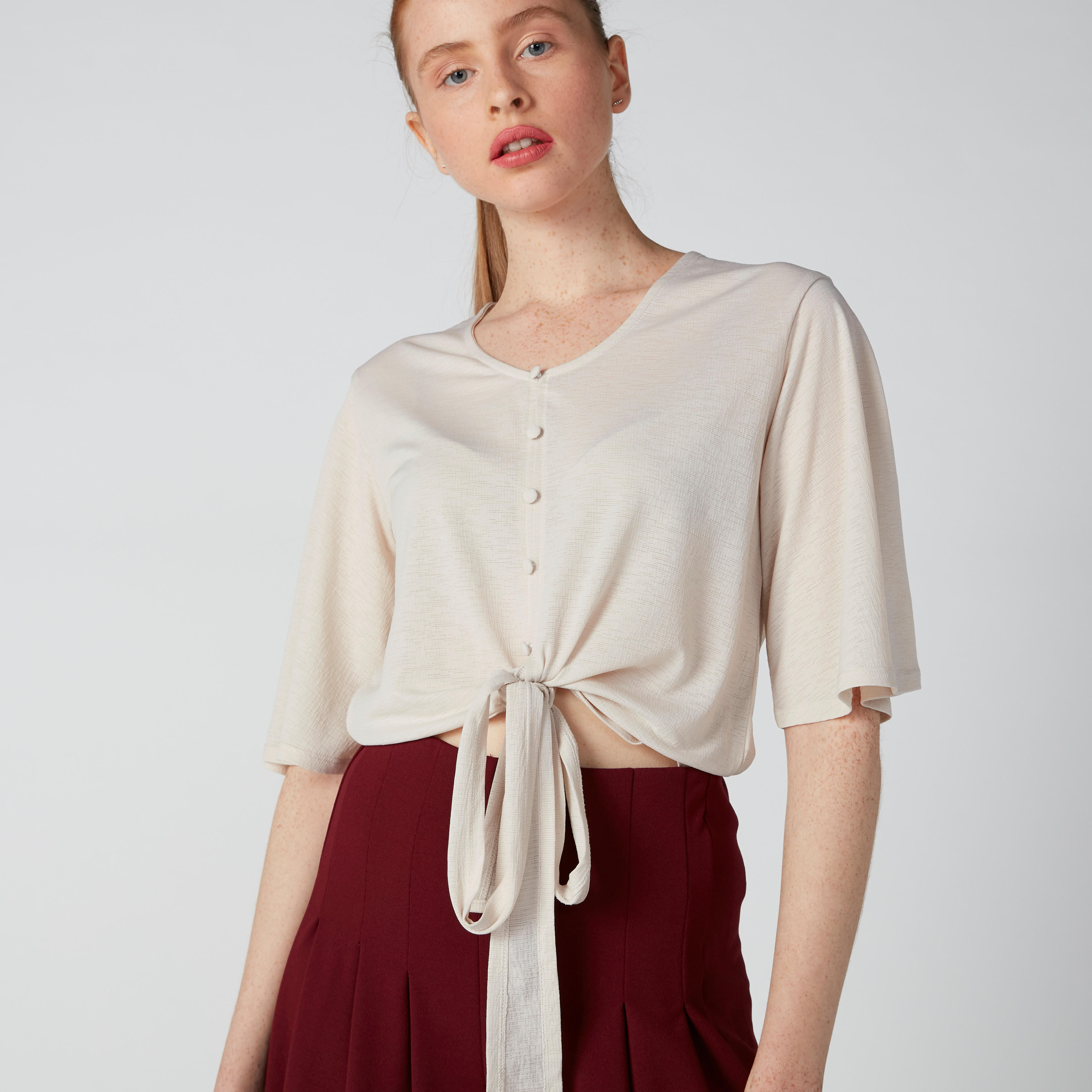 V-Neck Top with Tie Ups and Button Detail-women-clothing-shirtsandblouses-blouses-image-5