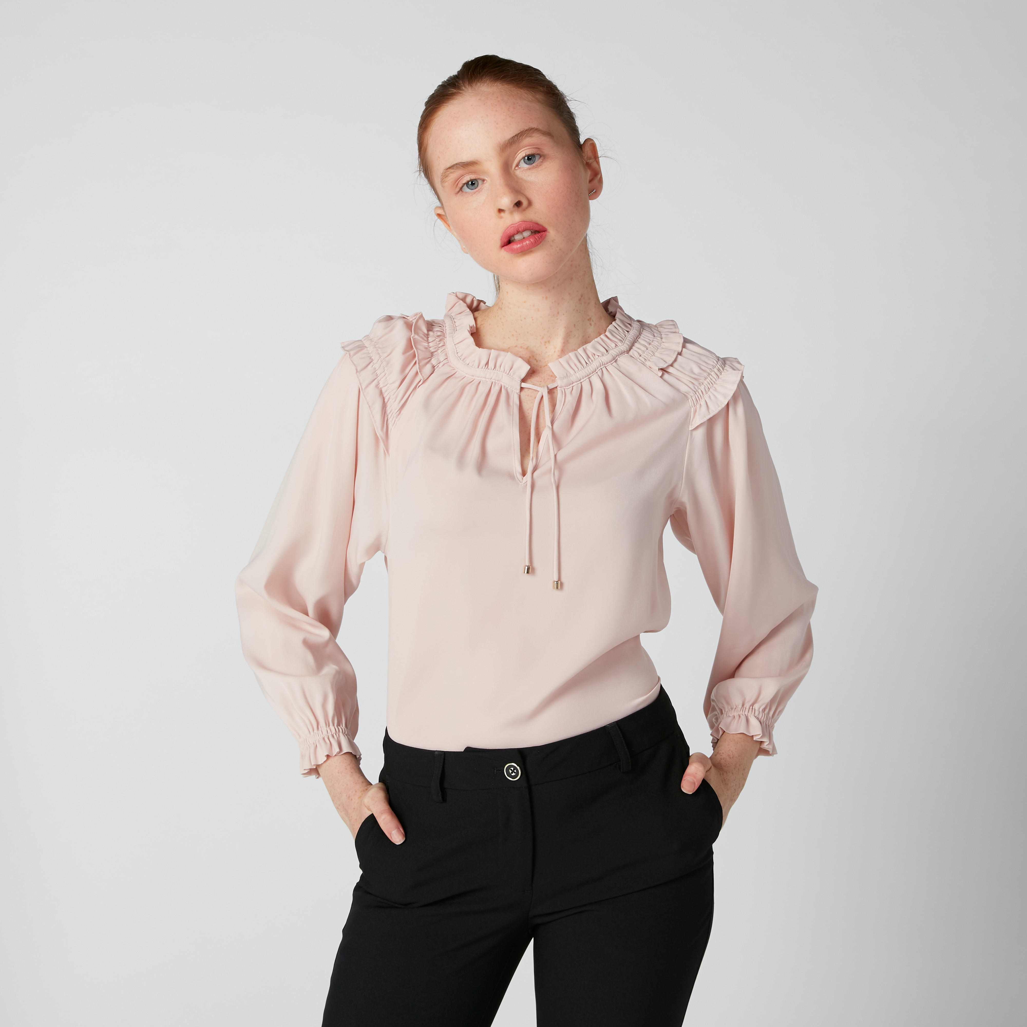 بلوزة بياقة ماندارين وأكمام طويلة وتفاصيل كشكش-women-clothing-shirtsandblouses-blouses-image-1