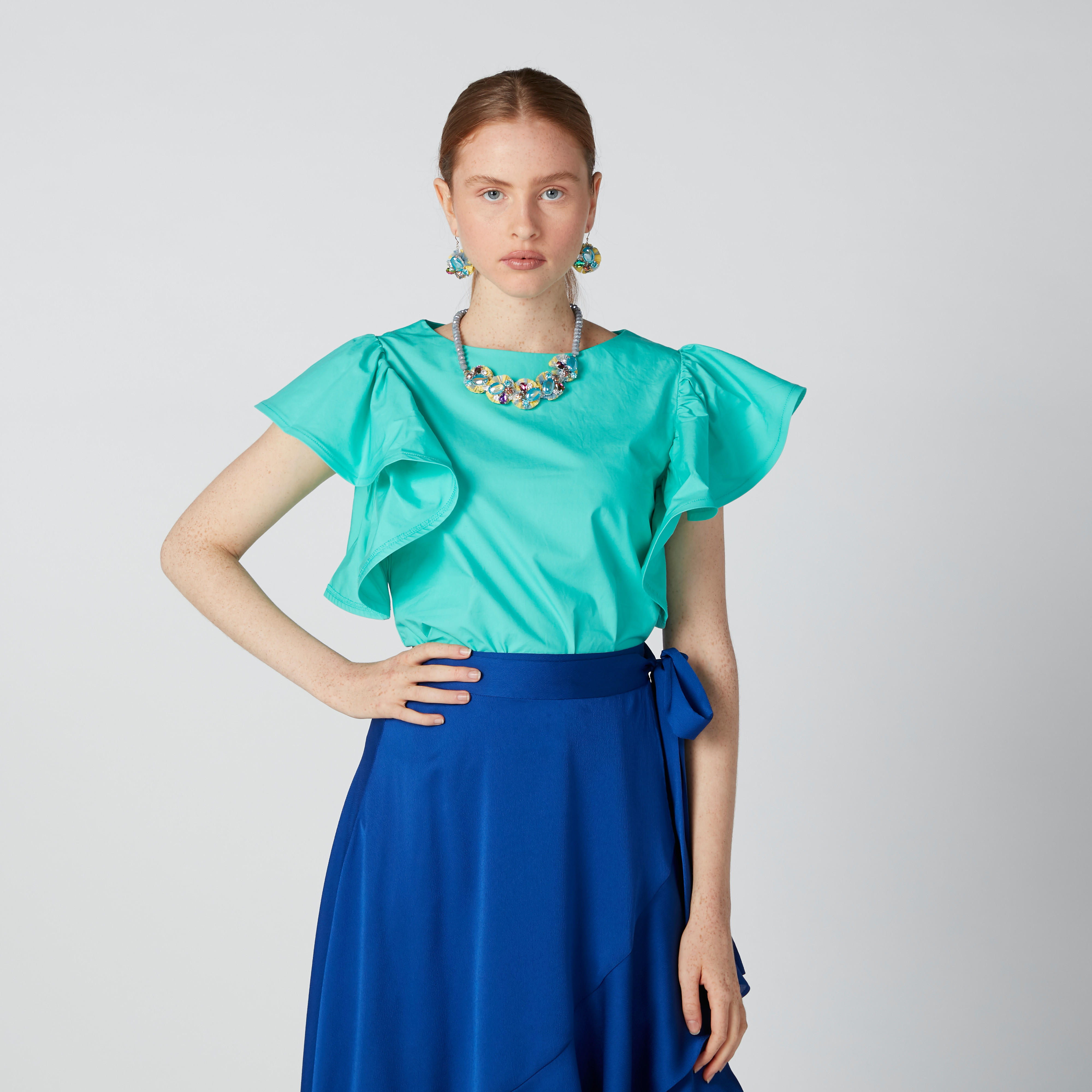 بلوزة مستدامة بياقة مستديرة وأكمام كشكش-women-clothing-shirtsandblouses-blouses-image-1