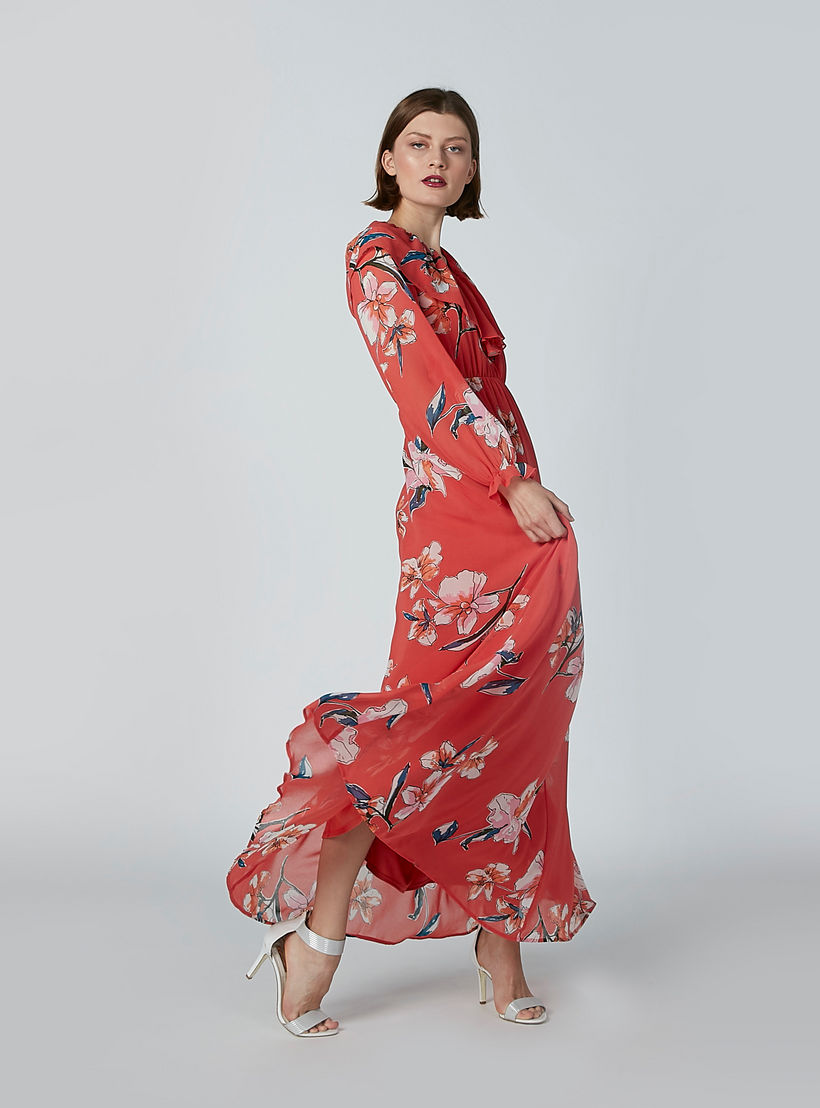 فستان إيه لاين طويل بأكمام طويلة وتفاصيل كشكش وطبعات زهرية-women-clothing-dresses-image-1