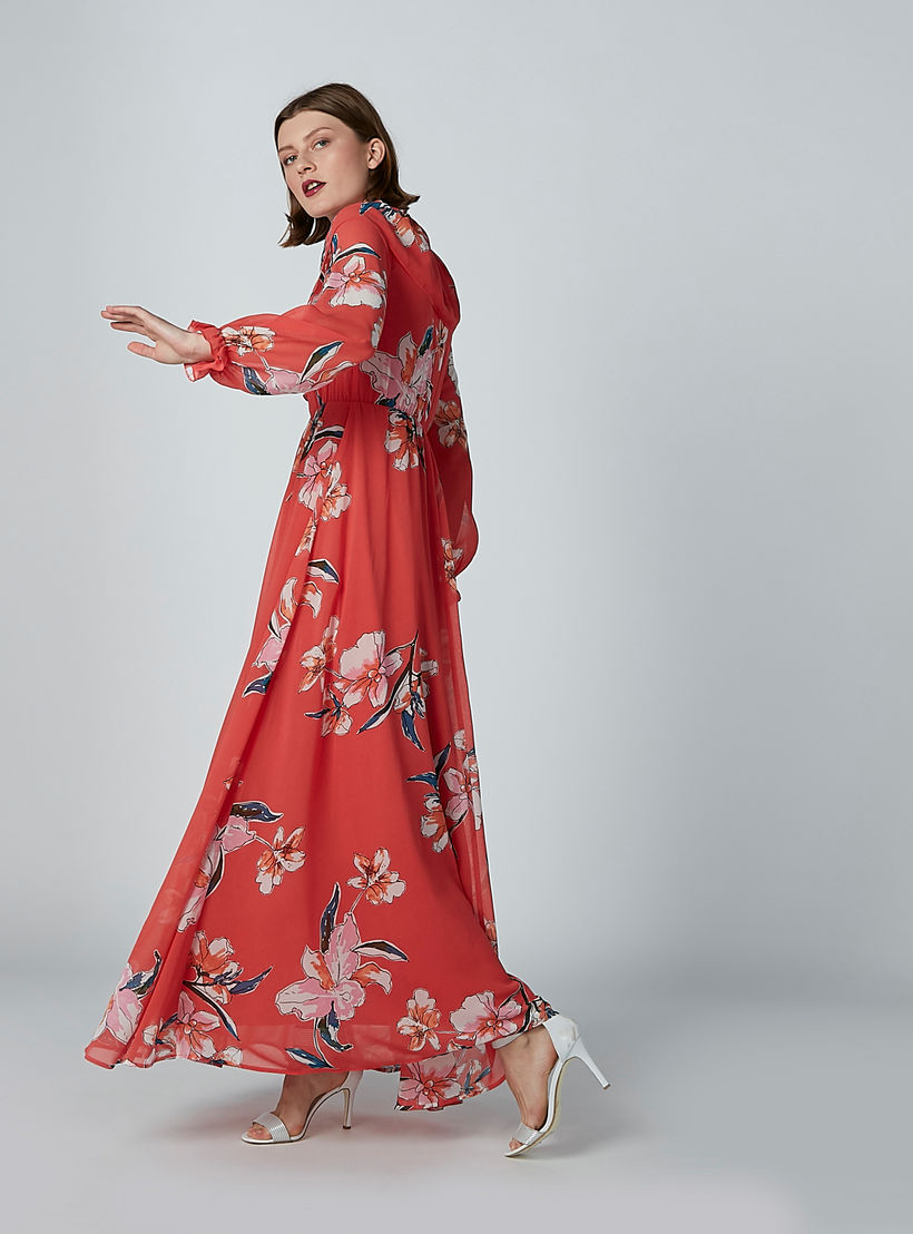 فستان إيه لاين طويل بأكمام طويلة وتفاصيل كشكش وطبعات زهرية-women-clothing-dresses-image-3