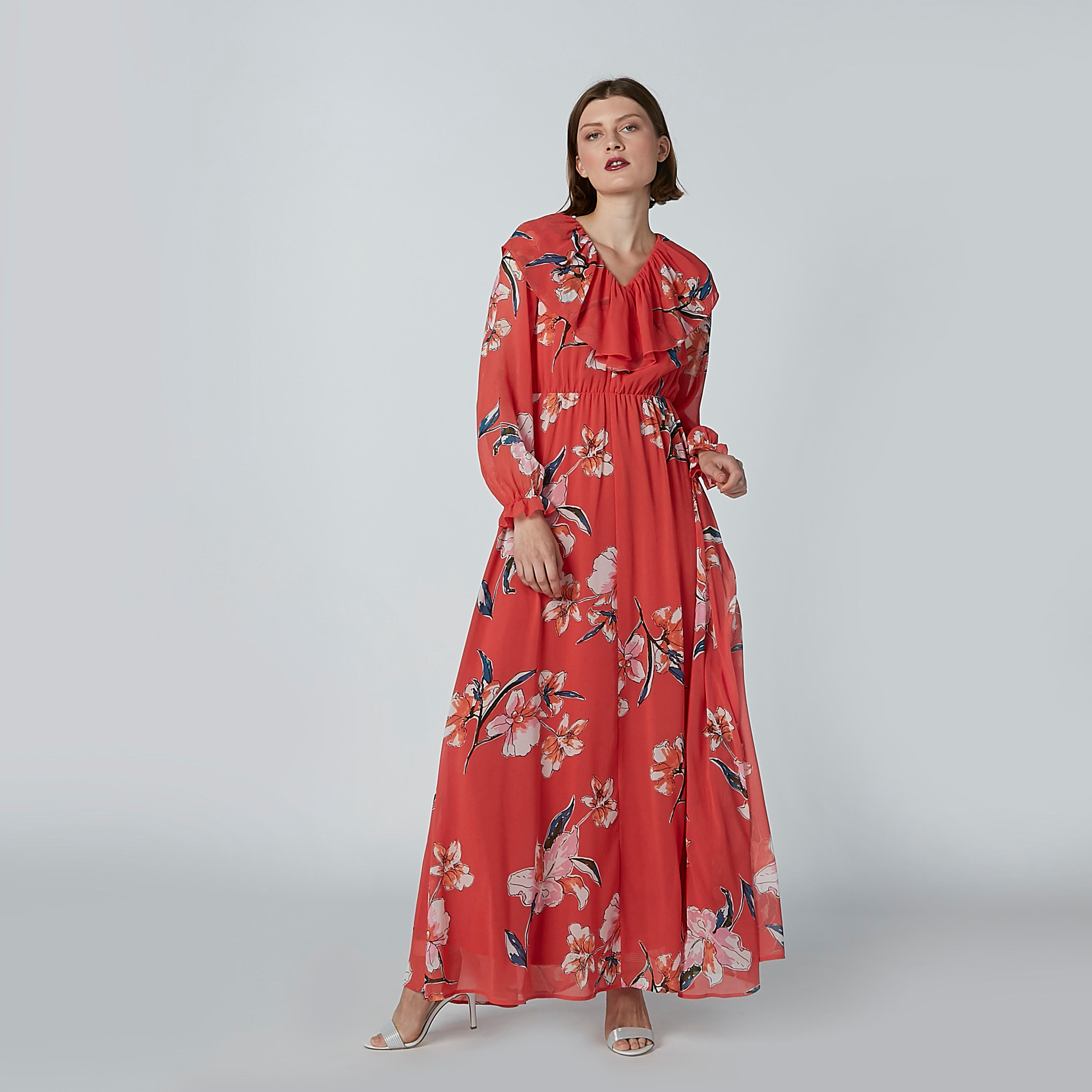فستان إيه لاين طويل بأكمام طويلة وتفاصيل كشكش وطبعات زهرية-women-clothing-dresses-image-4