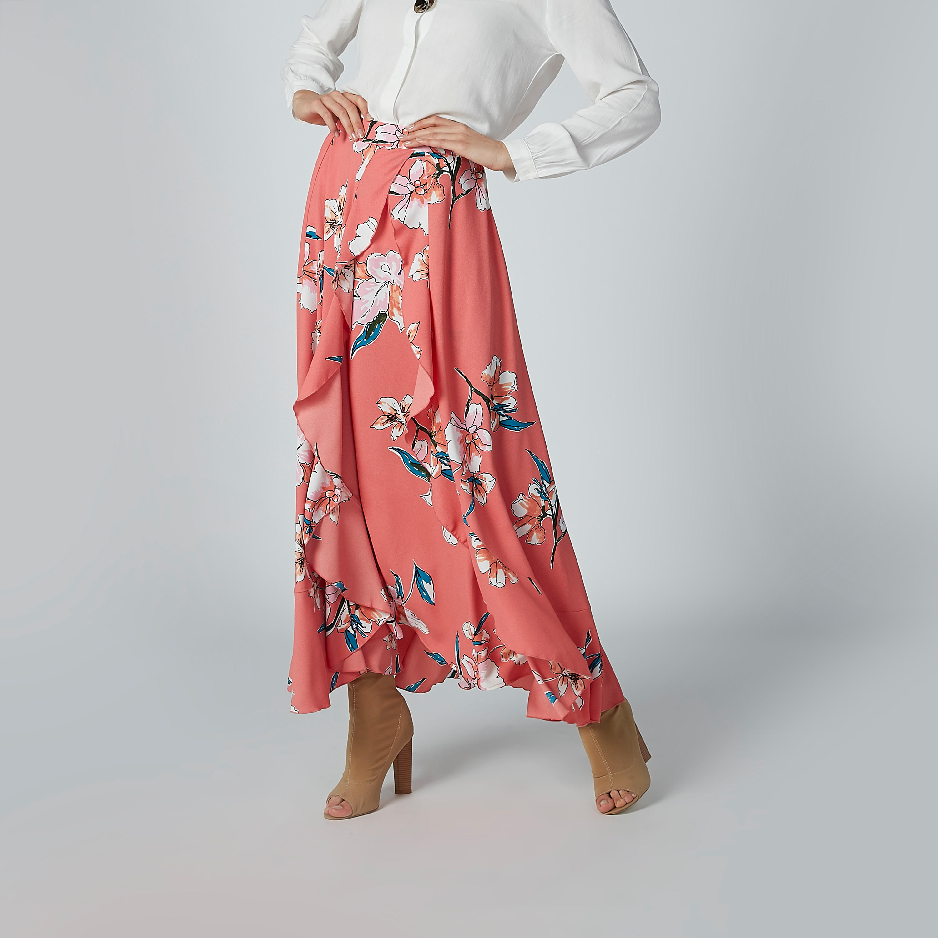 تنورة طويلة إيه لاين بتفاصيل كشكش وطبعات زهرية-women-clothing-bottoms-skirts-image-1