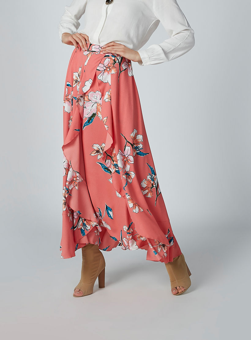 تنورة طويلة إيه لاين بتفاصيل كشكش وطبعات زهرية-women-clothing-bottoms-skirts-image-1