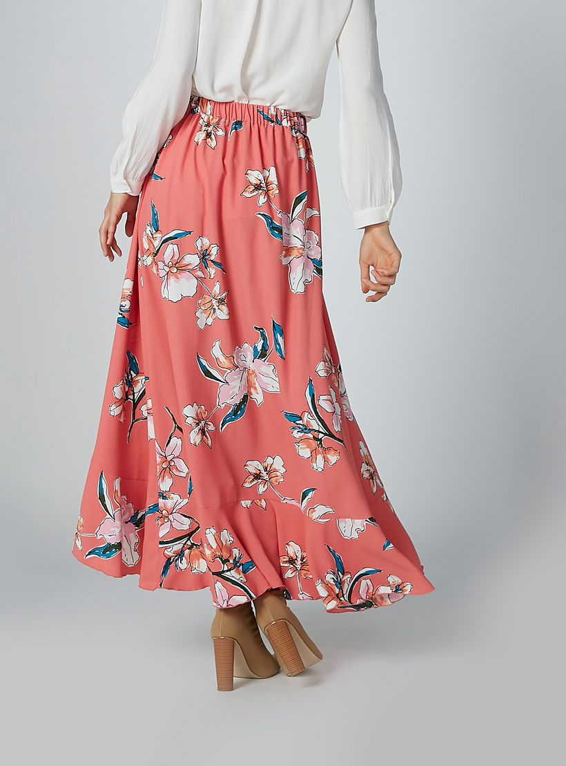 تنورة طويلة إيه لاين بتفاصيل كشكش وطبعات زهرية-women-clothing-bottoms-skirts-image-4