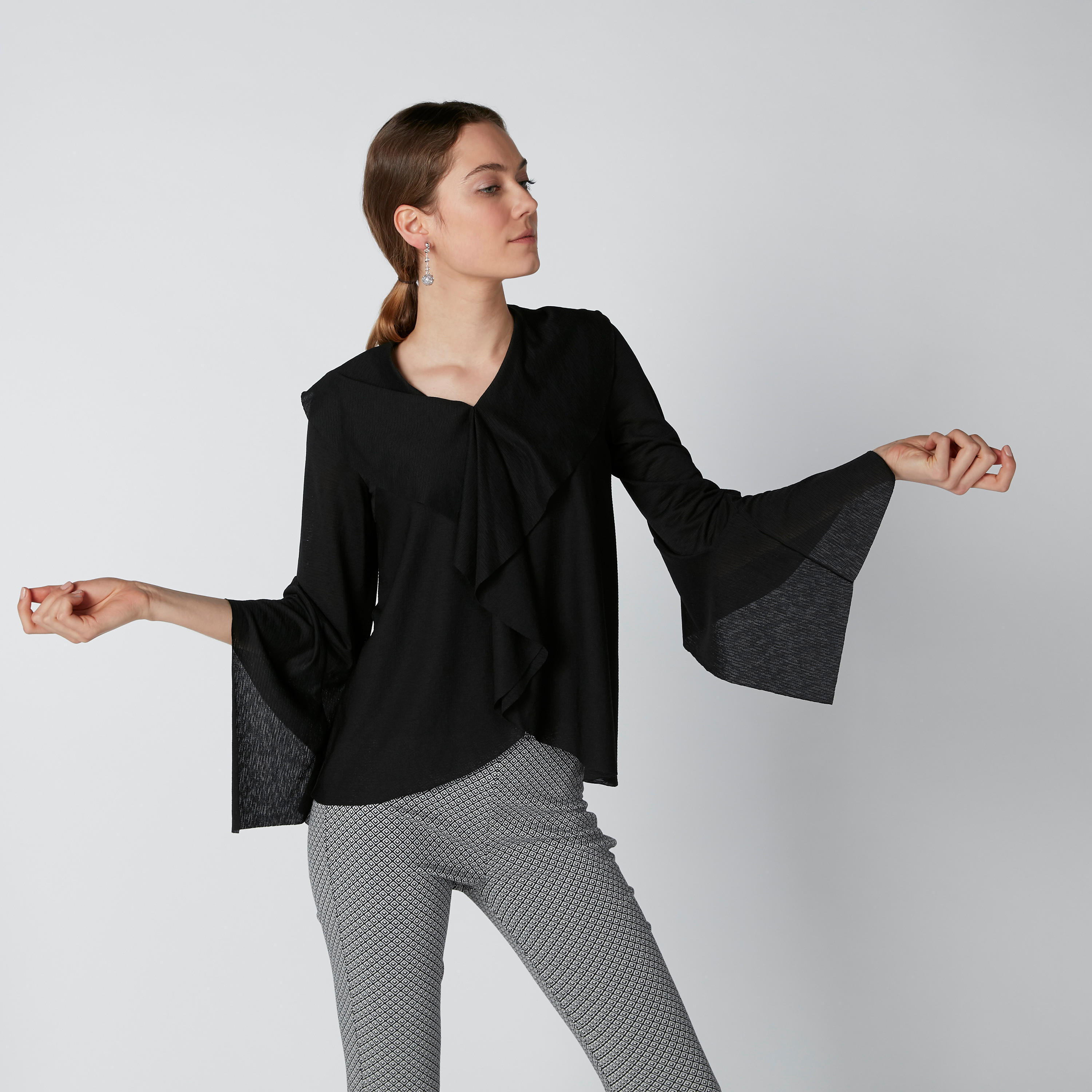 Textured Top with V-Neck and Flared Sleeves-women-clothing-shirtsandblouses-blouses-image-3