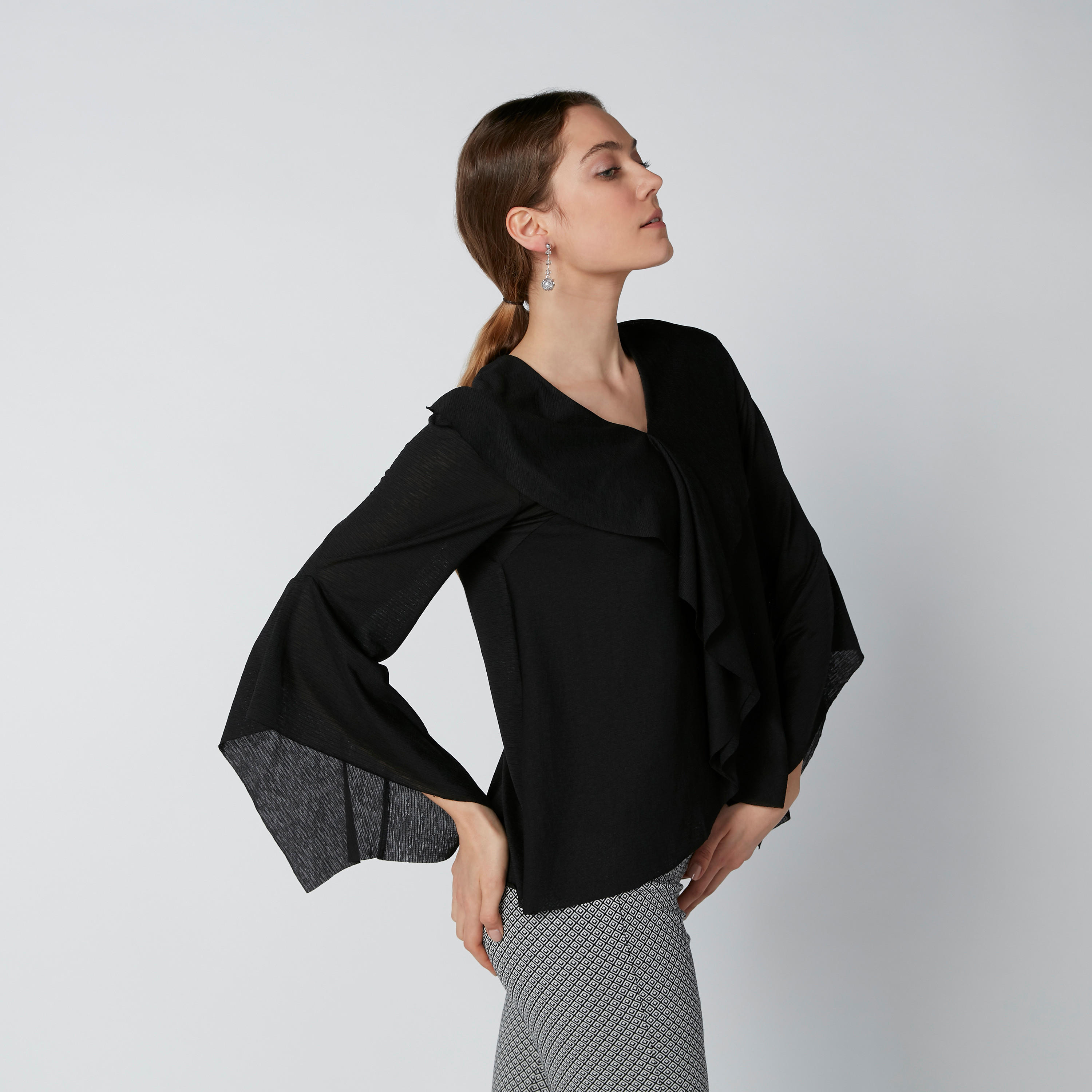 Textured Top with V-Neck and Flared Sleeves-women-clothing-shirtsandblouses-blouses-image-4