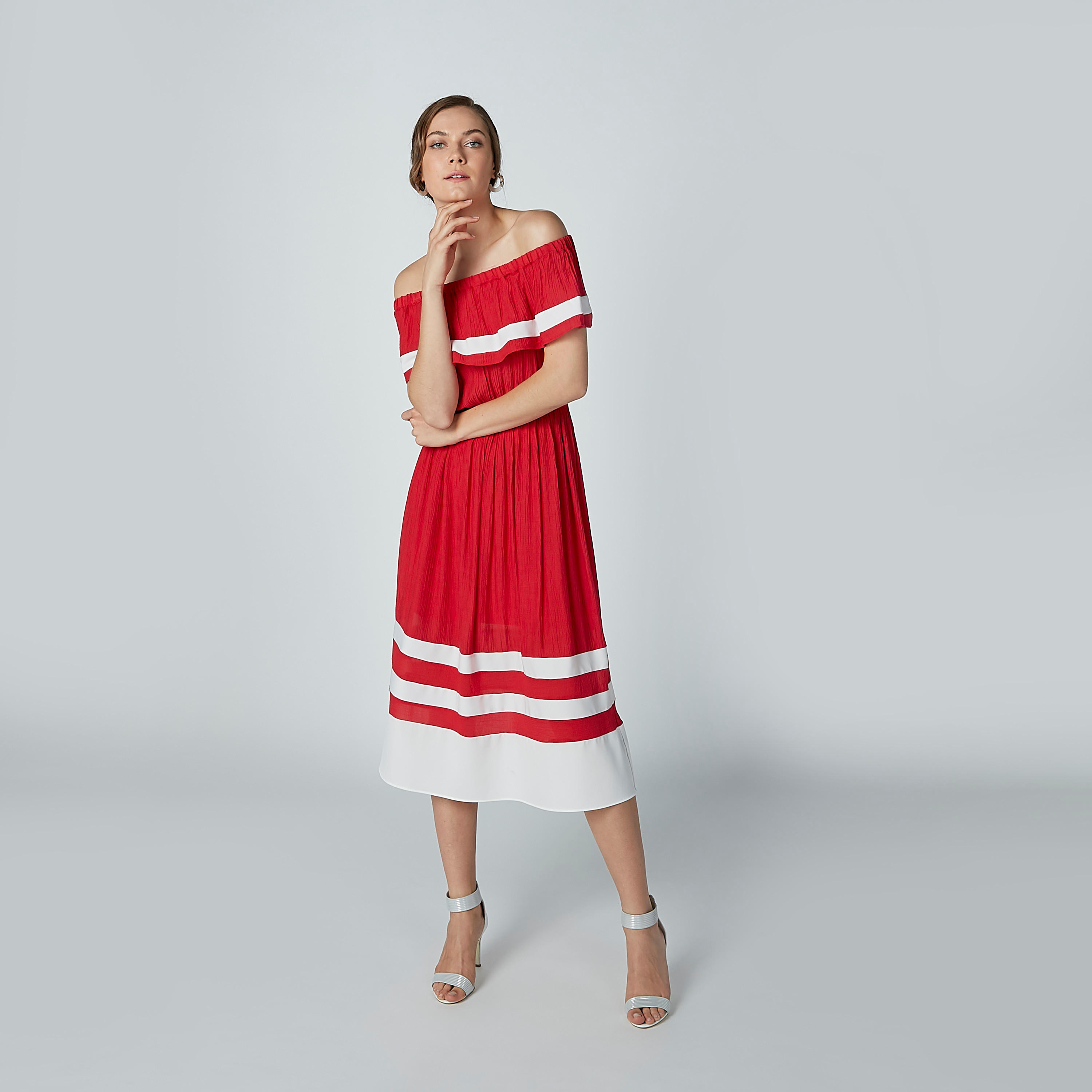Striped Midi Off Shoulder Dress-women-clothing-dresses-image-1