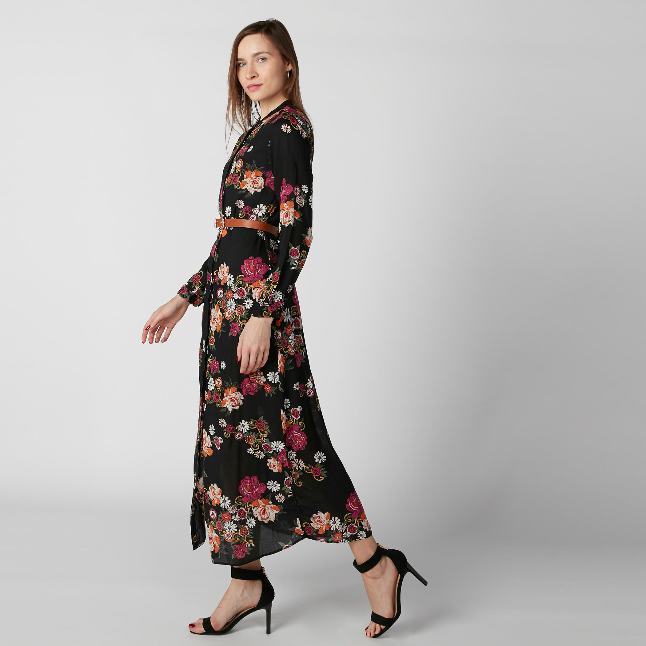 فستان قميص طويل بياقة ماندارين وأكمام طويلة وطبعات زهرية-women-clothing-dresses-image-1