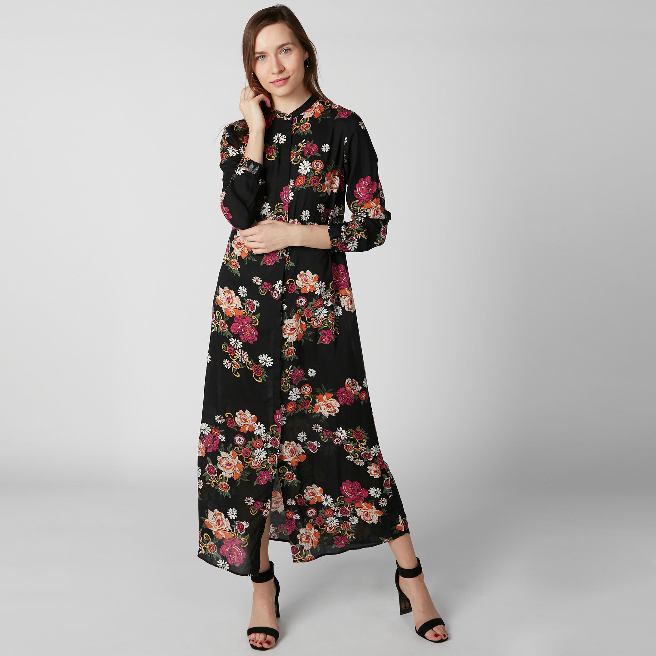 فستان قميص طويل بياقة ماندارين وأكمام طويلة وطبعات زهرية-women-clothing-dresses-image-3
