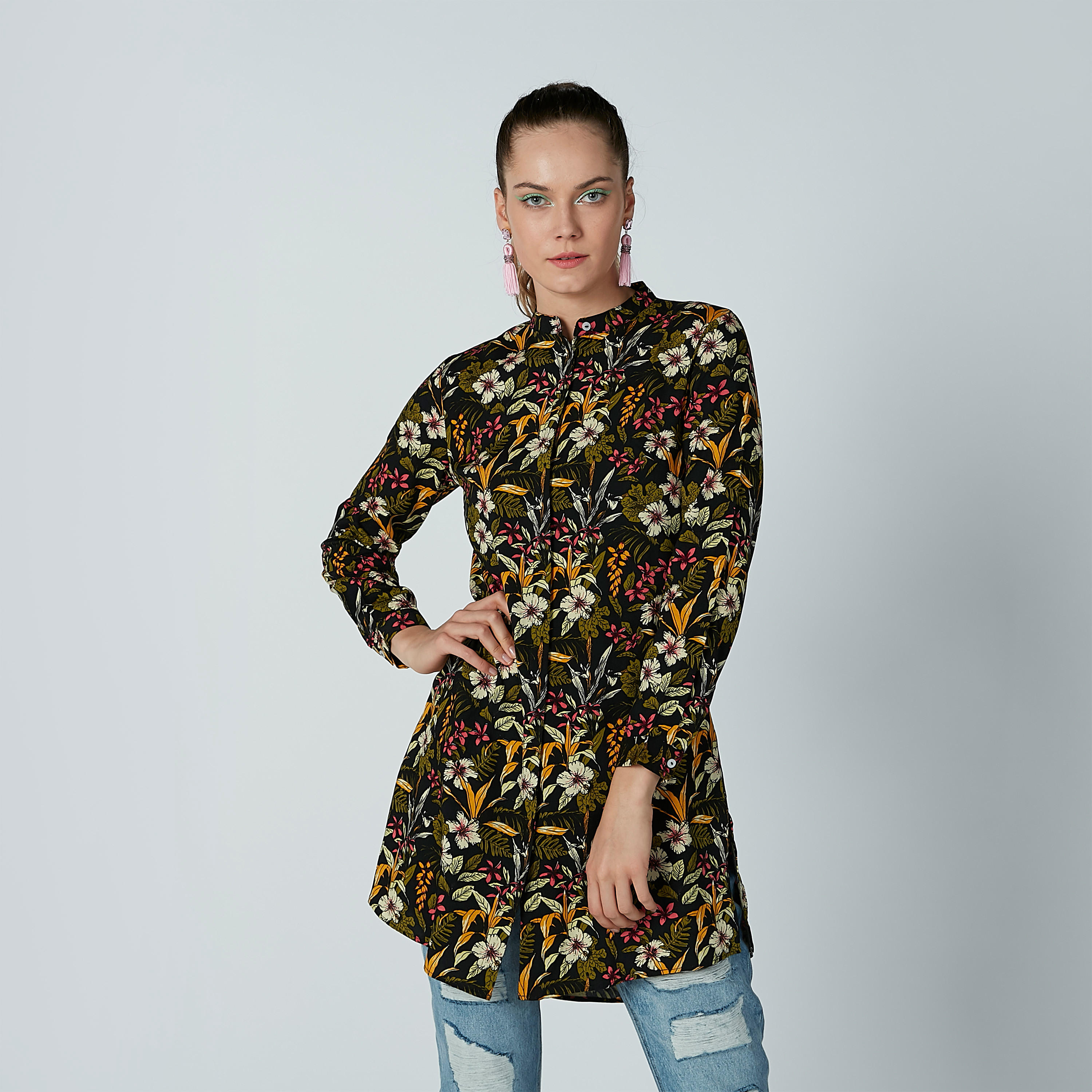 تونيك بياقة ماندارين وأكمام طويلة وطبعات زهرية-women-clothing-shirtsandblouses-blouses-image-1