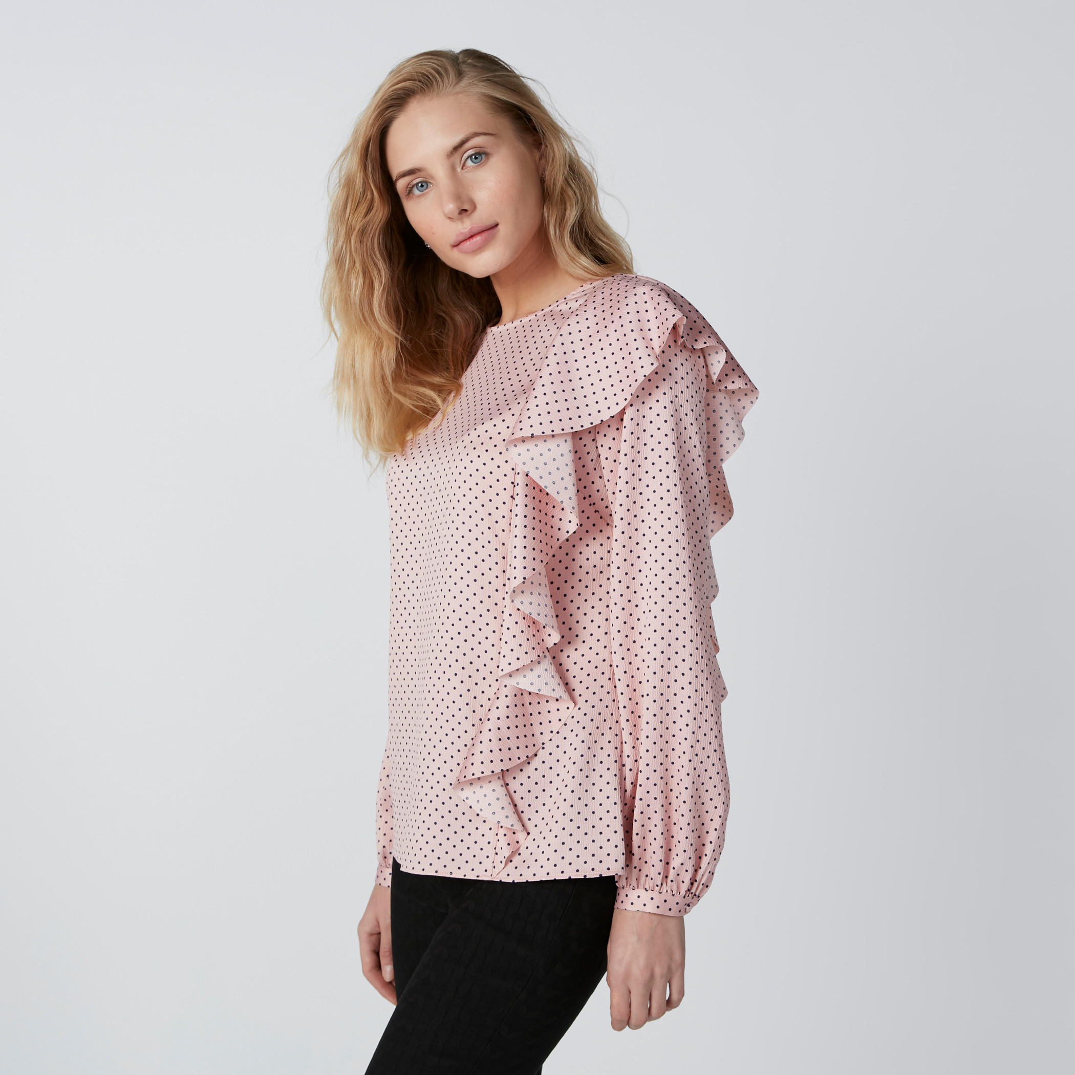 Polka Dot Printed Top with Frill Detail and Long Sleeves-women-clothing-shirtsandblouses-blouses-image-1