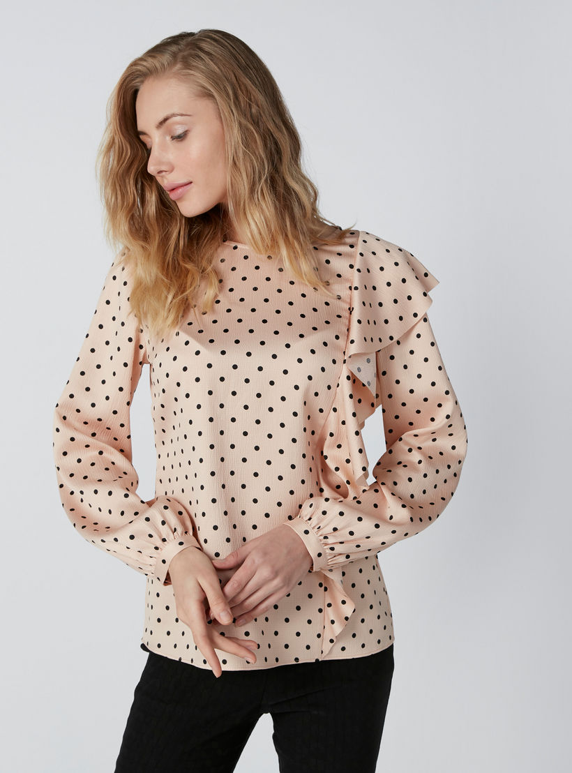 بلوزة بأكمام طويلة وتفاصيل كشكش وطبعات منقطة-women-clothing-shirtsandblouses-blouses-image-3