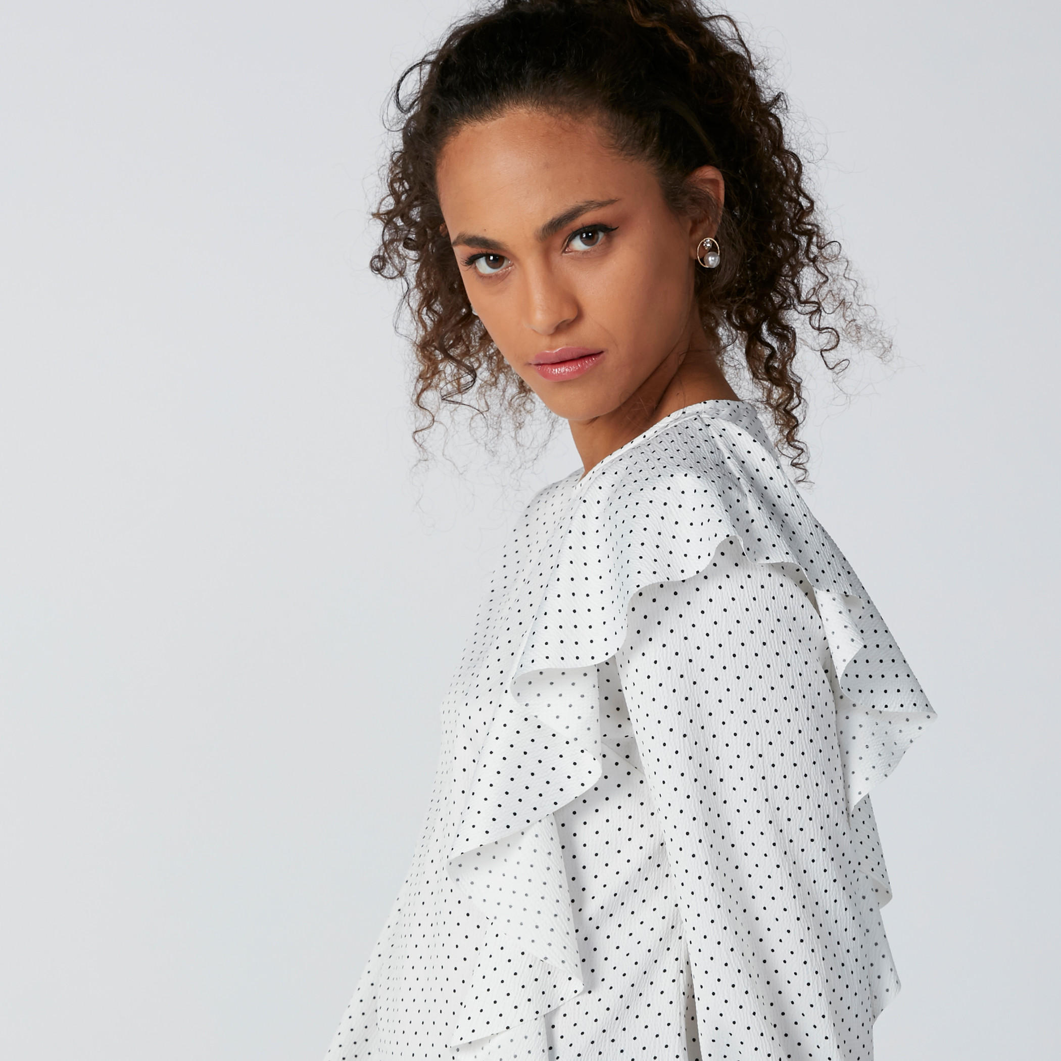 Polka Dot Printed Ruffle Detail Top with Round Neck and Long Sleeves-women-clothing-shirtsandblouses-blouses-image-1