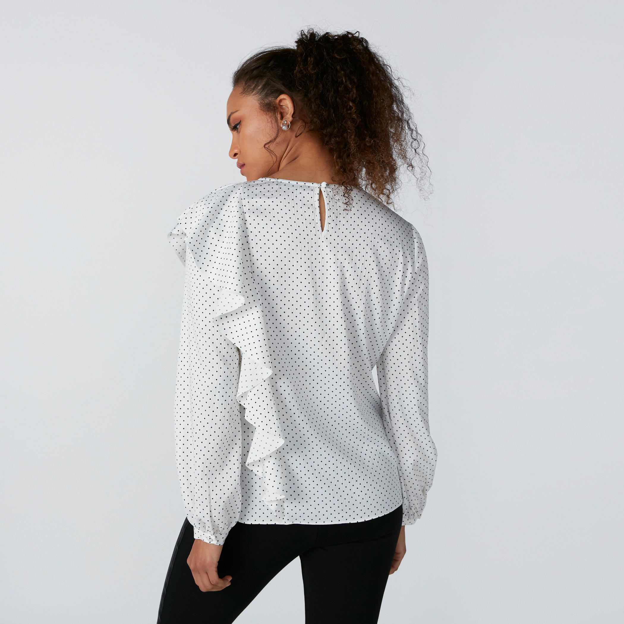 Polka Dot Printed Ruffle Detail Top with Round Neck and Long Sleeves-women-clothing-shirtsandblouses-blouses-image-2