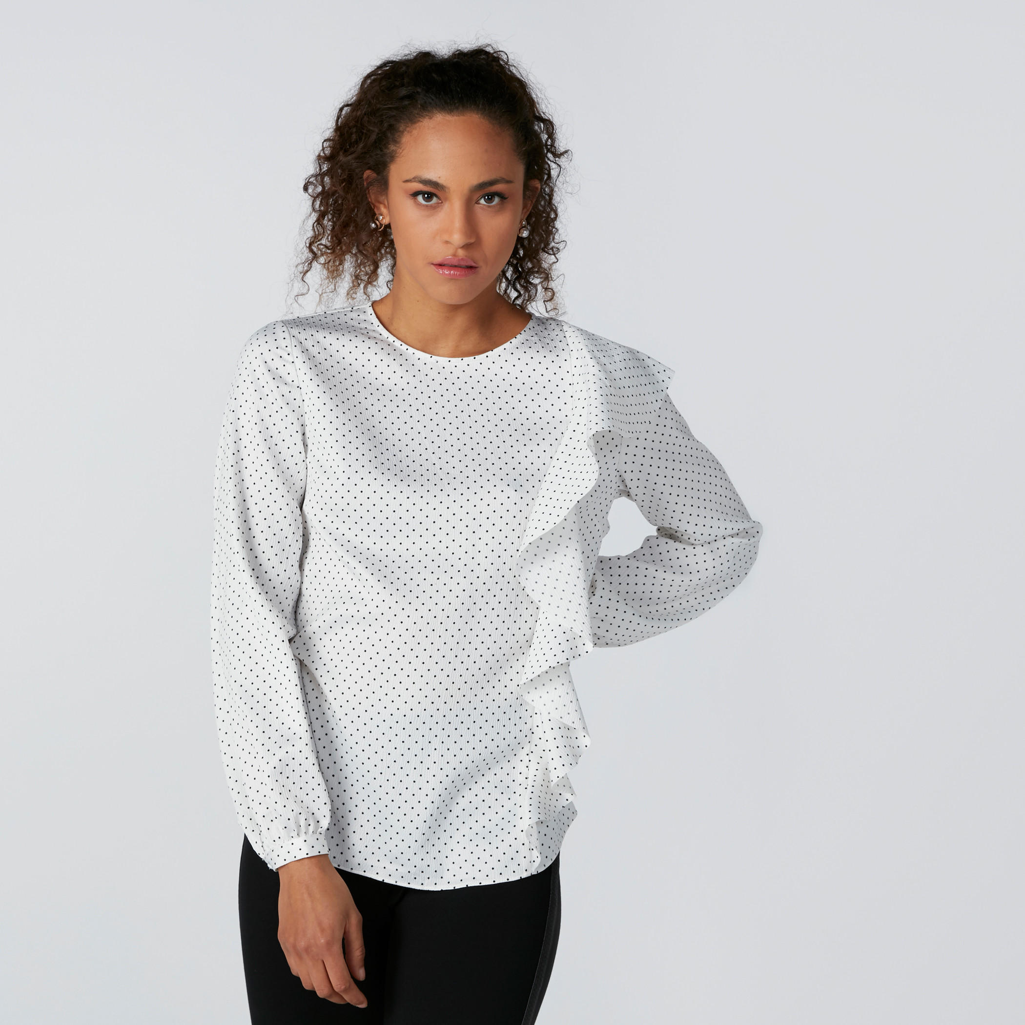 Polka Dot Printed Ruffle Detail Top with Round Neck and Long Sleeves-women-clothing-shirtsandblouses-blouses-image-4