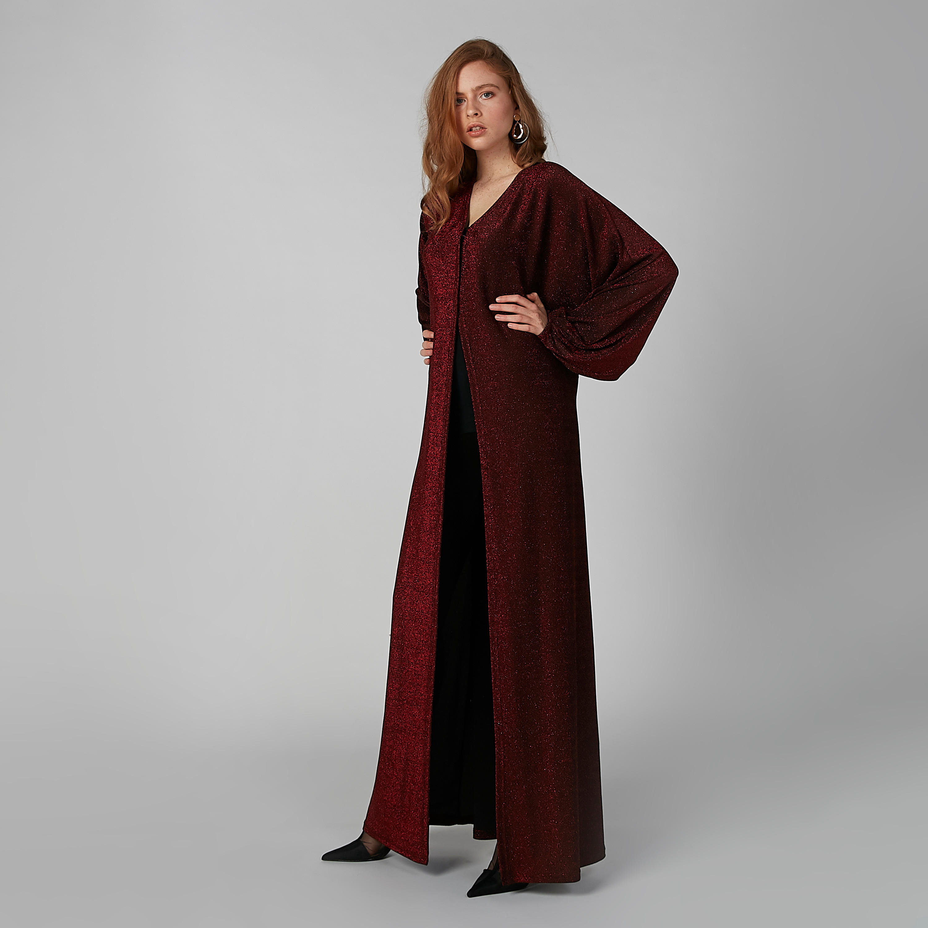 فستان قفطان طويل بارز الملمس بياقة V وأكمام طويلة-women-clothing-dresses-image-1