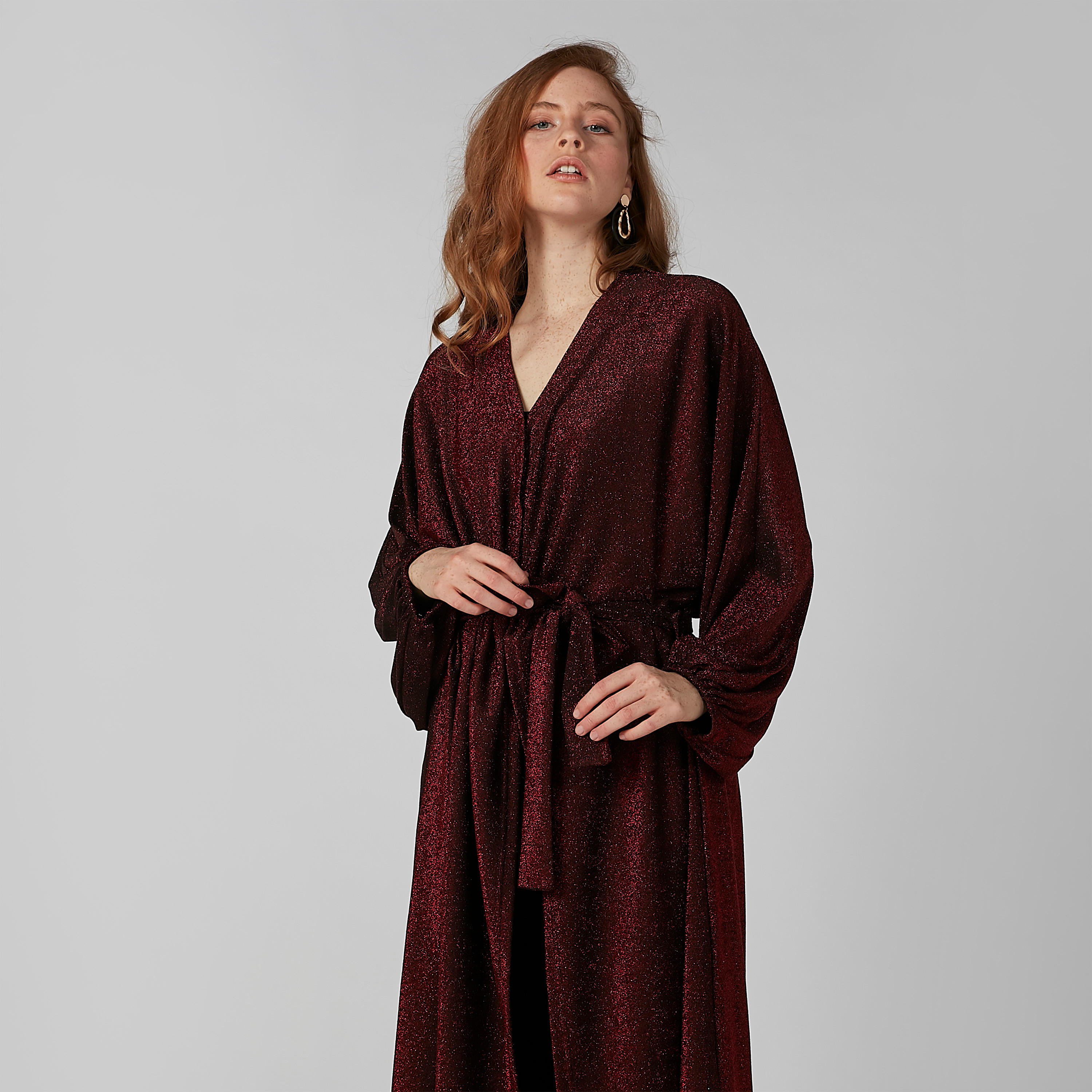 فستان قفطان طويل بارز الملمس بياقة V وأكمام طويلة-women-clothing-dresses-image-2