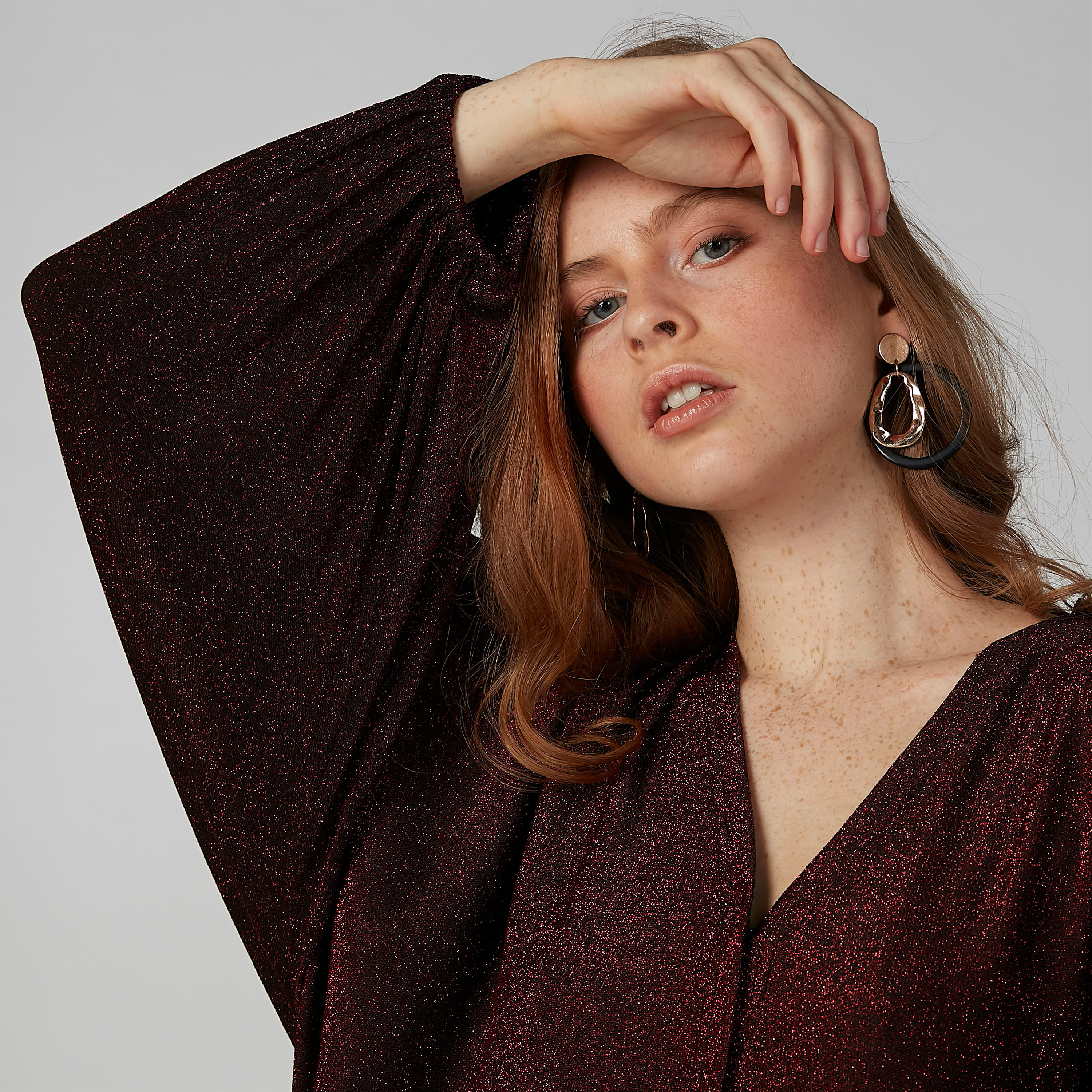 فستان قفطان طويل بارز الملمس بياقة V وأكمام طويلة-women-clothing-dresses-image-3