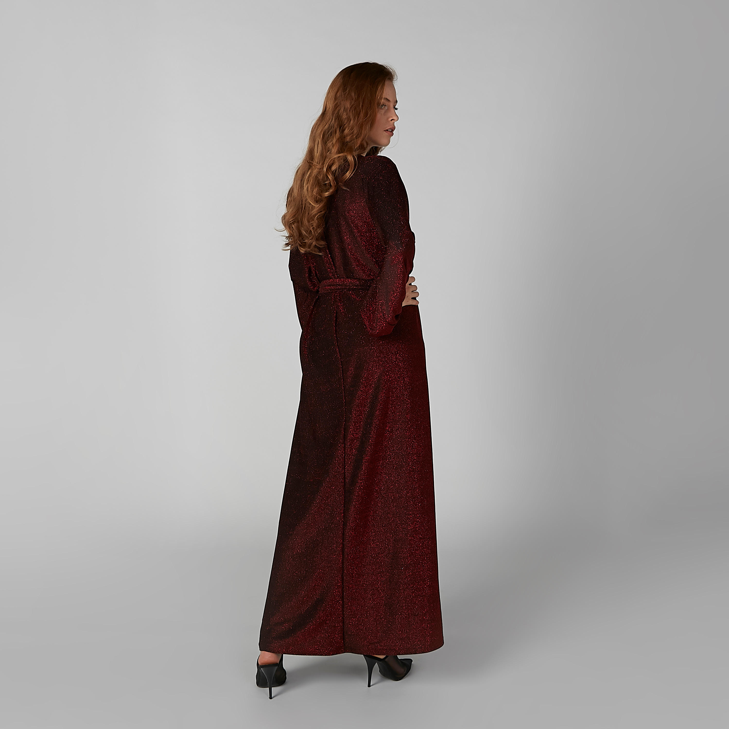 فستان قفطان طويل بارز الملمس بياقة V وأكمام طويلة-women-clothing-dresses-image-4