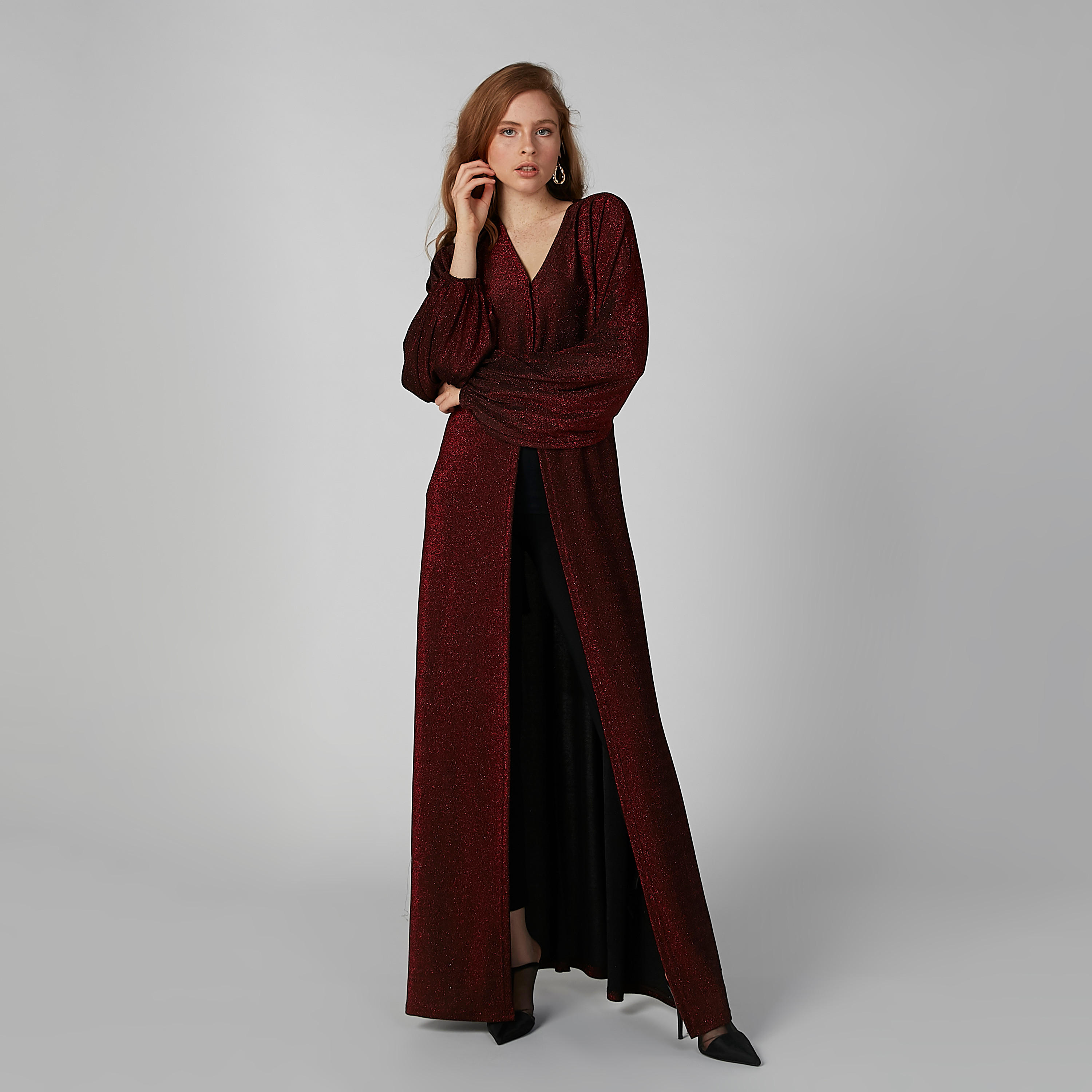 فستان قفطان طويل بارز الملمس بياقة V وأكمام طويلة-women-clothing-dresses-image-5
