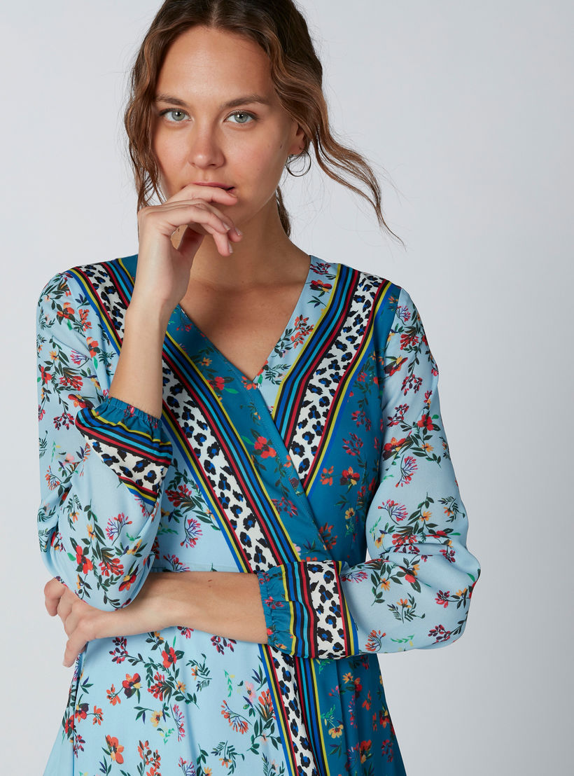 فستان بأكمام 3/4 وحوّاف غير مستوية وطبعات أزهار-women-clothing-dresses-image-1