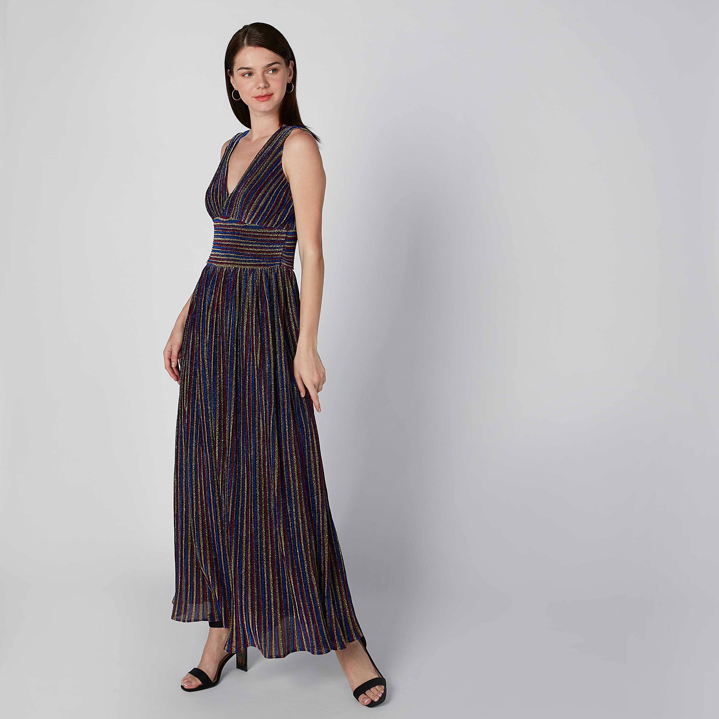 فستان طويل مقلّم دون أكمام بياقة V-women-clothing-dresses-image-4