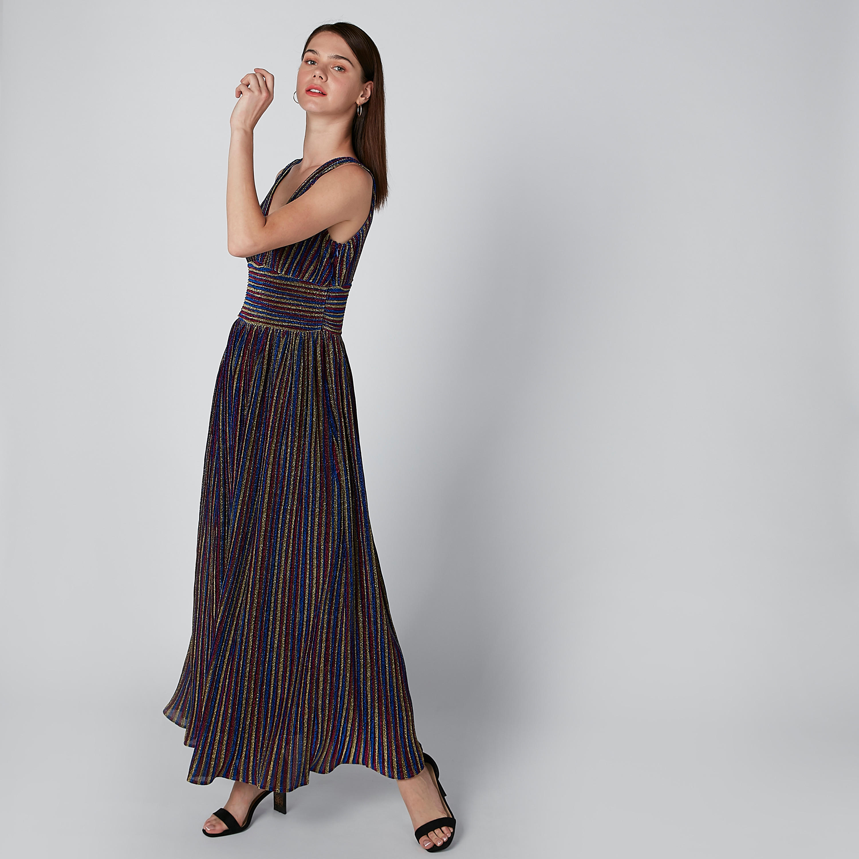 فستان طويل مقلّم دون أكمام بياقة V-women-clothing-dresses-image-3