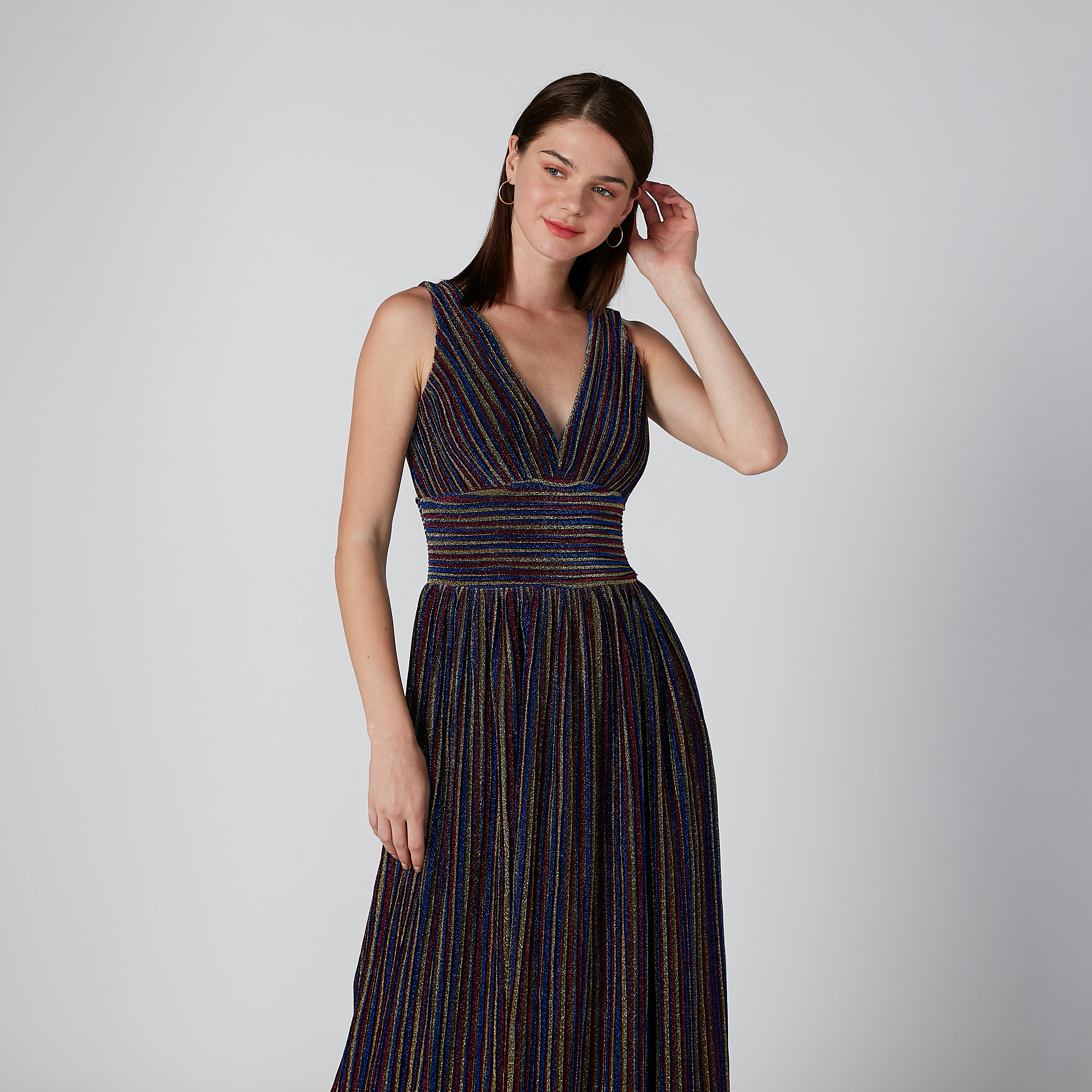 فستان طويل مقلّم دون أكمام بياقة V-women-clothing-dresses-image-1
