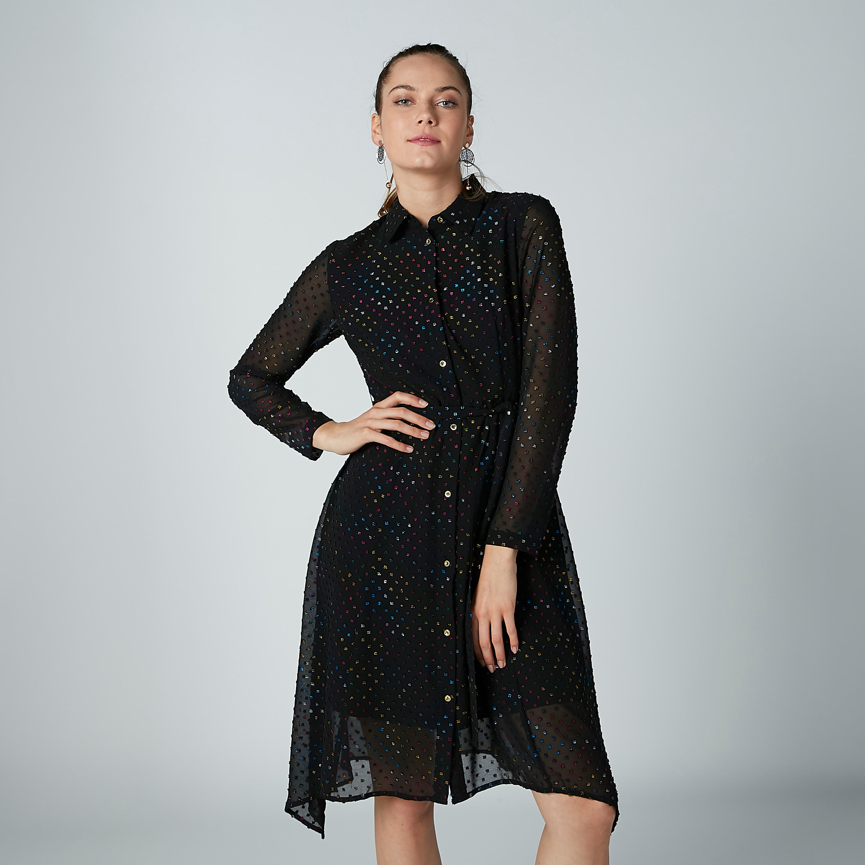 فستان قميص مزيّن متوسط الطول بأكمام طويلة-women-clothing-dresses-image-1
