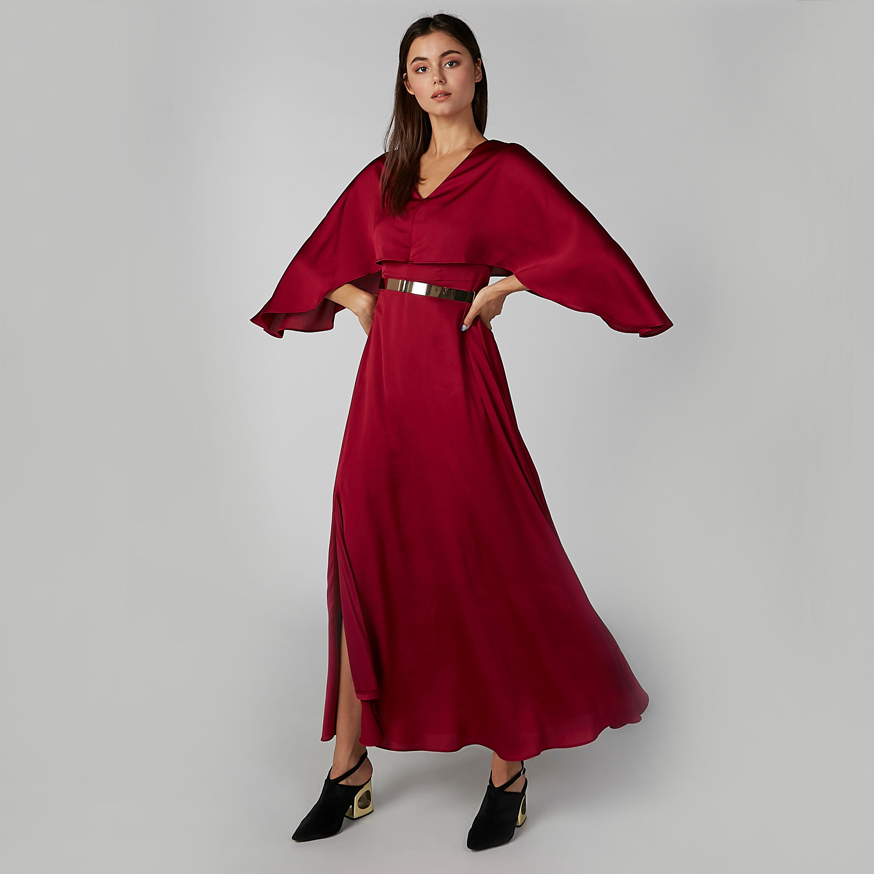 فستان سادة إيه لاين طويل بياقة V وفتحة-women-clothing-dresses-image-1
