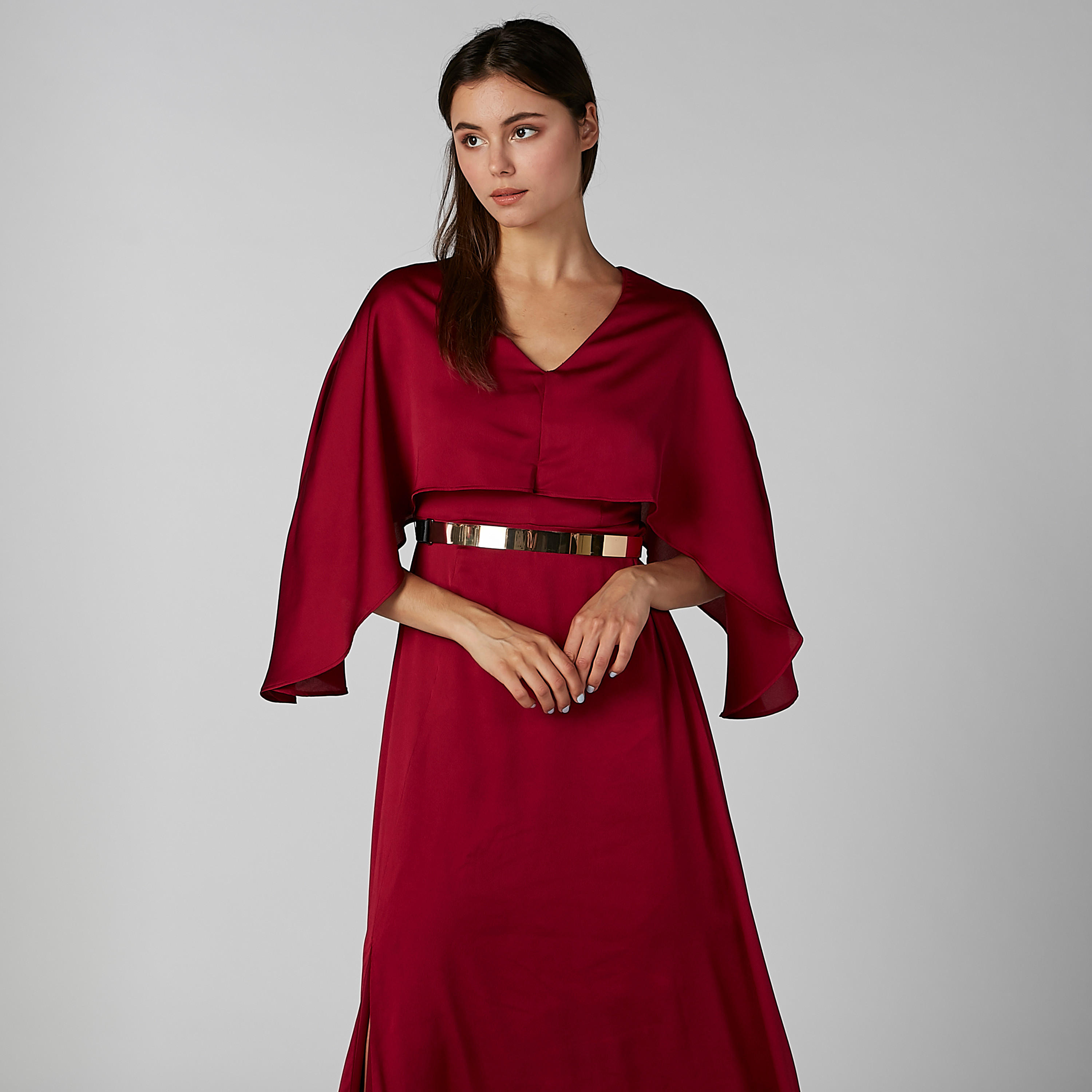 فستان سادة إيه لاين طويل بياقة V وفتحة-women-clothing-dresses-image-2