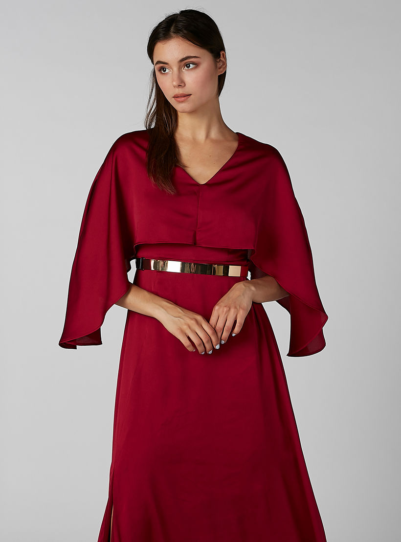 فستان سادة إيه لاين طويل بياقة V وفتحة-women-clothing-dresses-image-2