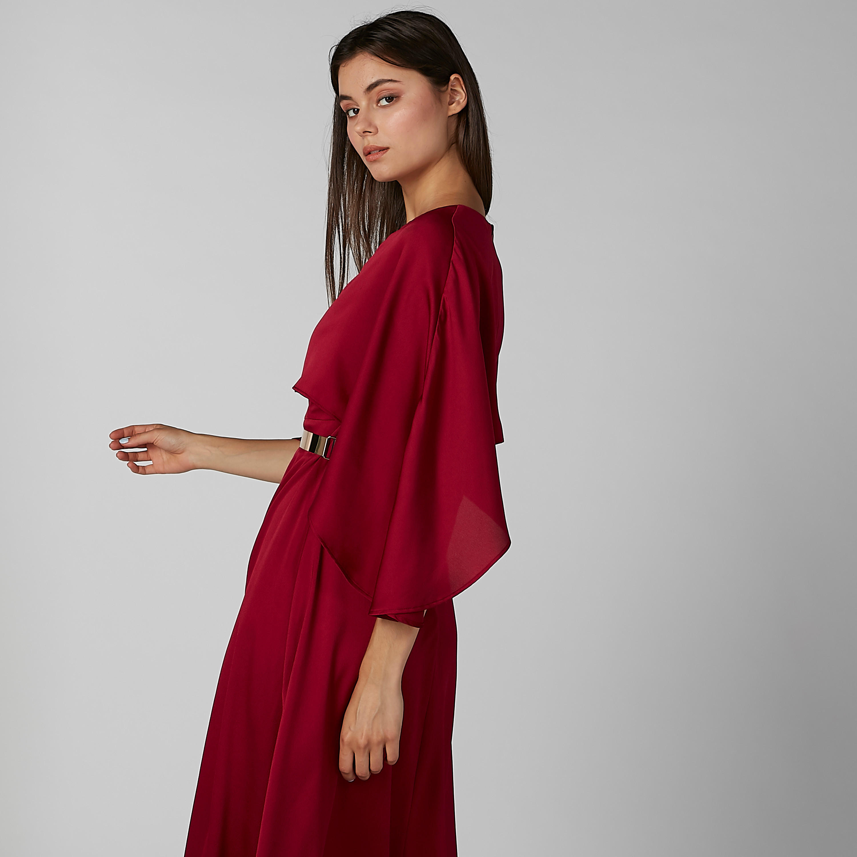 فستان سادة إيه لاين طويل بياقة V وفتحة-women-clothing-dresses-image-4