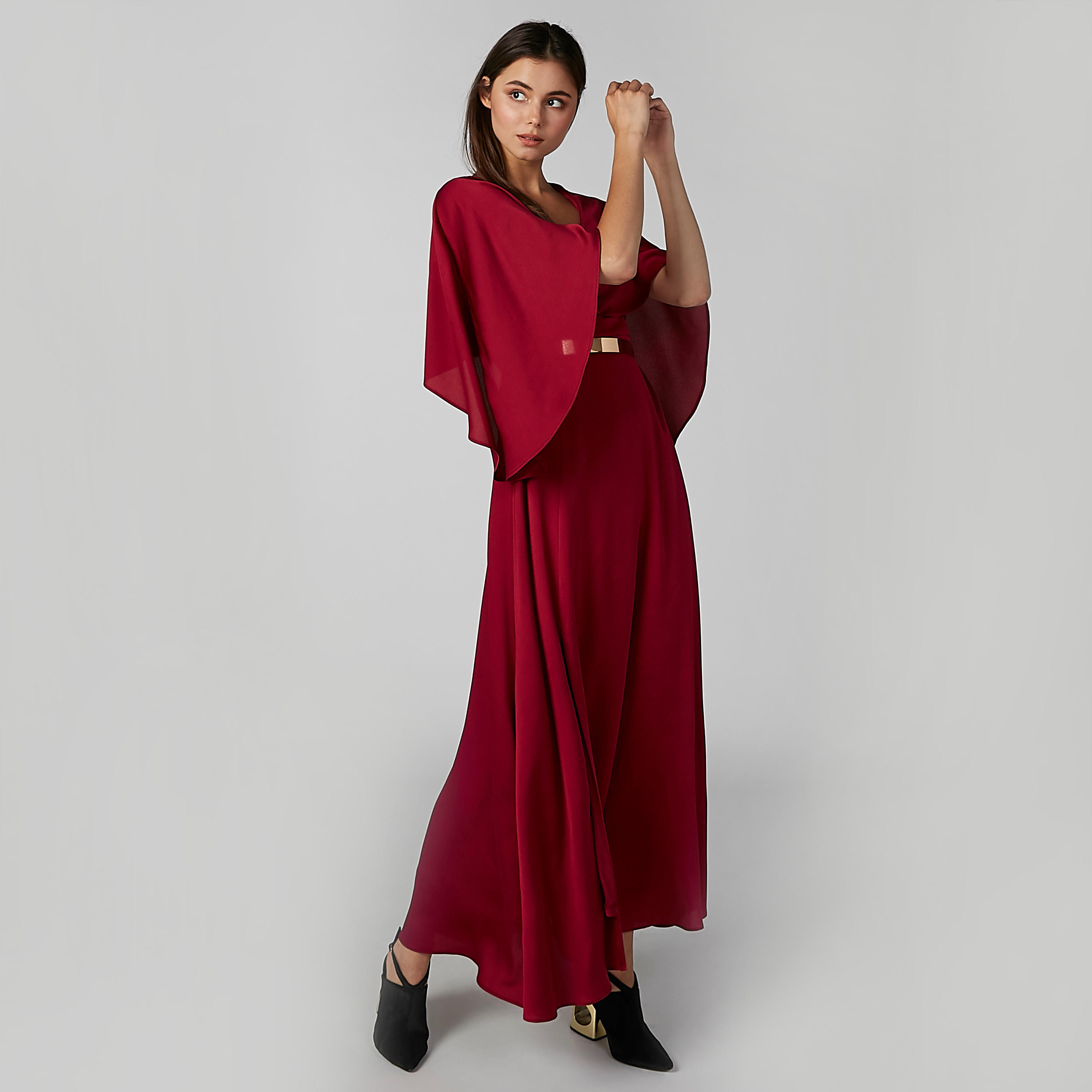 فستان سادة إيه لاين طويل بياقة V وفتحة-women-clothing-dresses-image-5