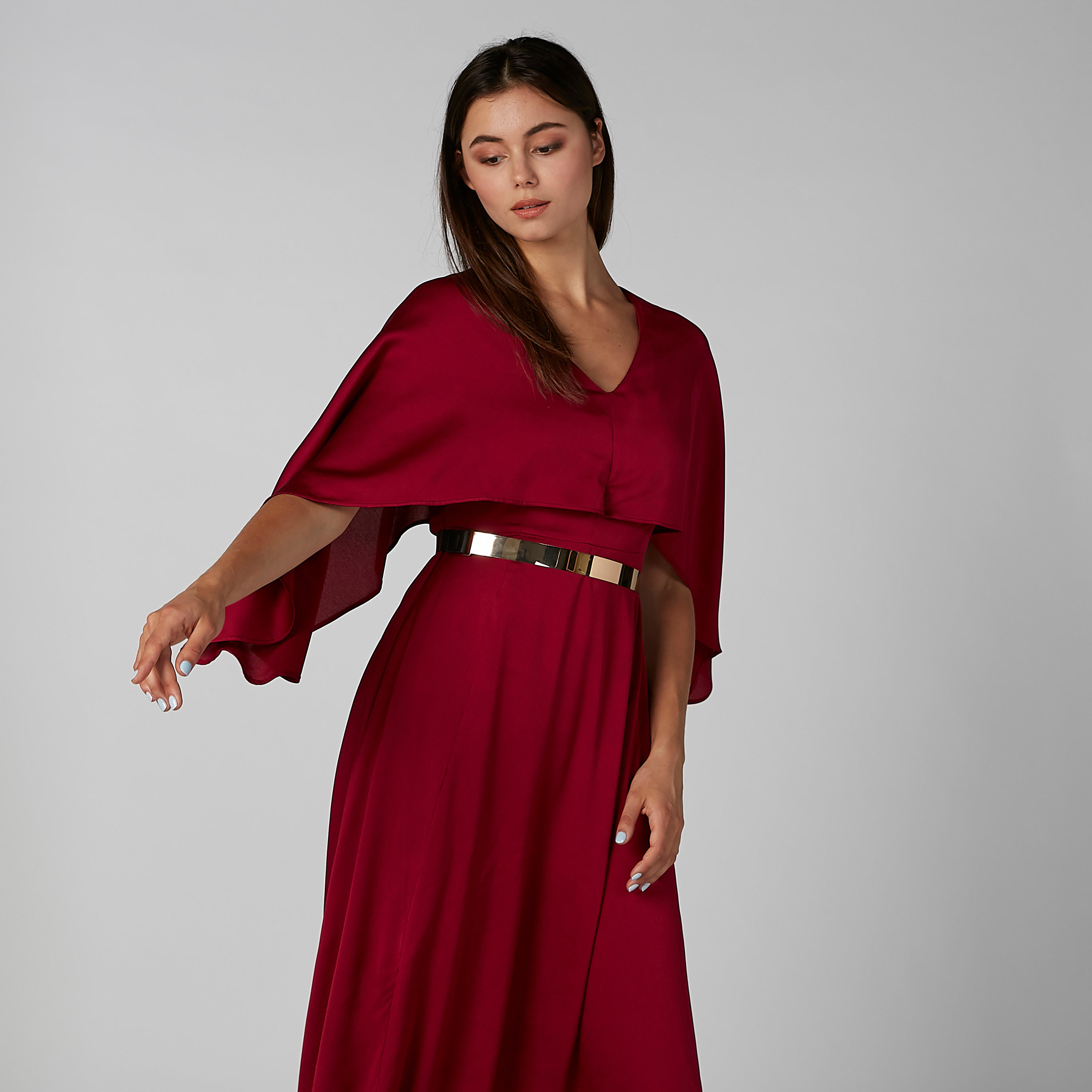 فستان سادة إيه لاين طويل بياقة V وفتحة-women-clothing-dresses-image-6