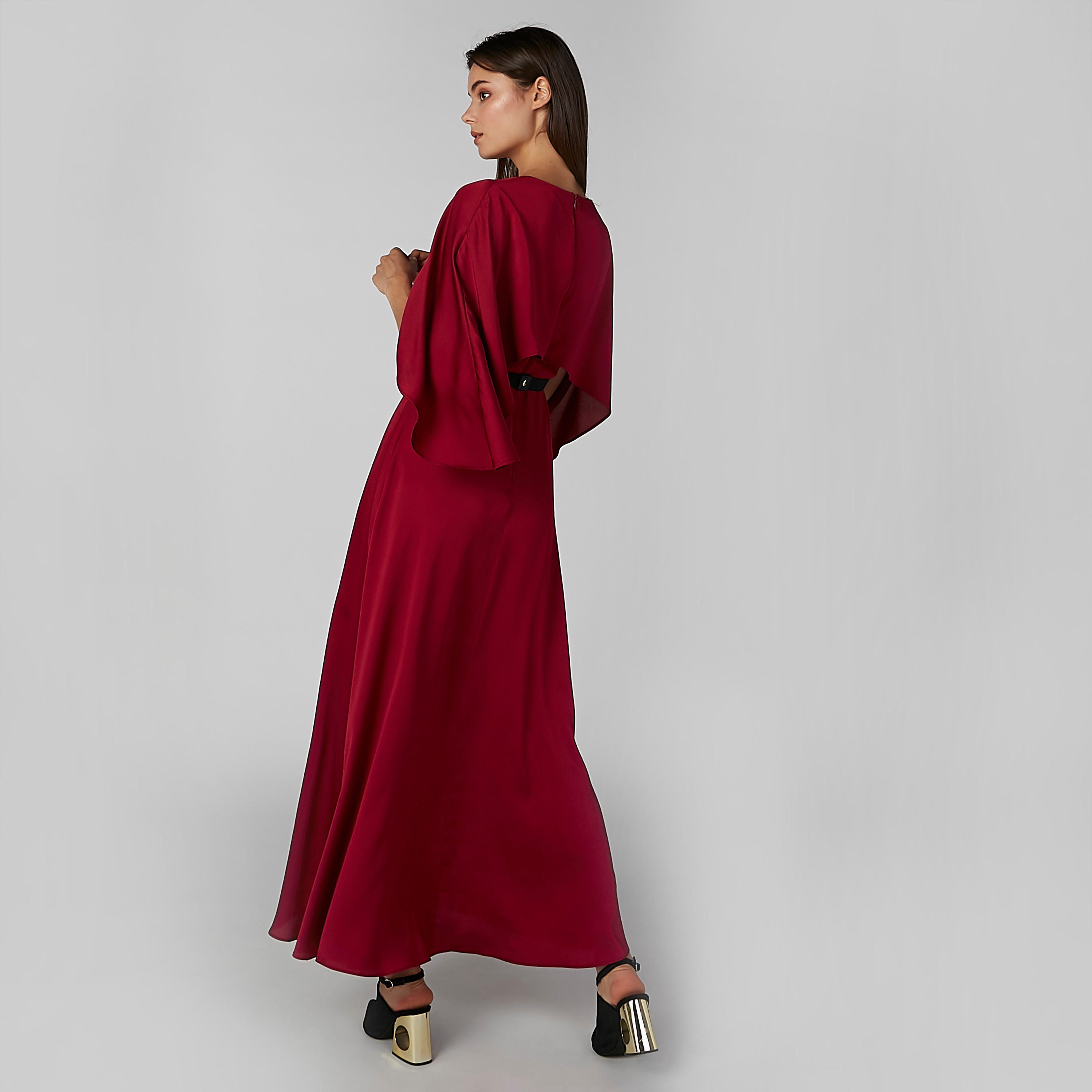 فستان سادة إيه لاين طويل بياقة V وفتحة-women-clothing-dresses-image-7