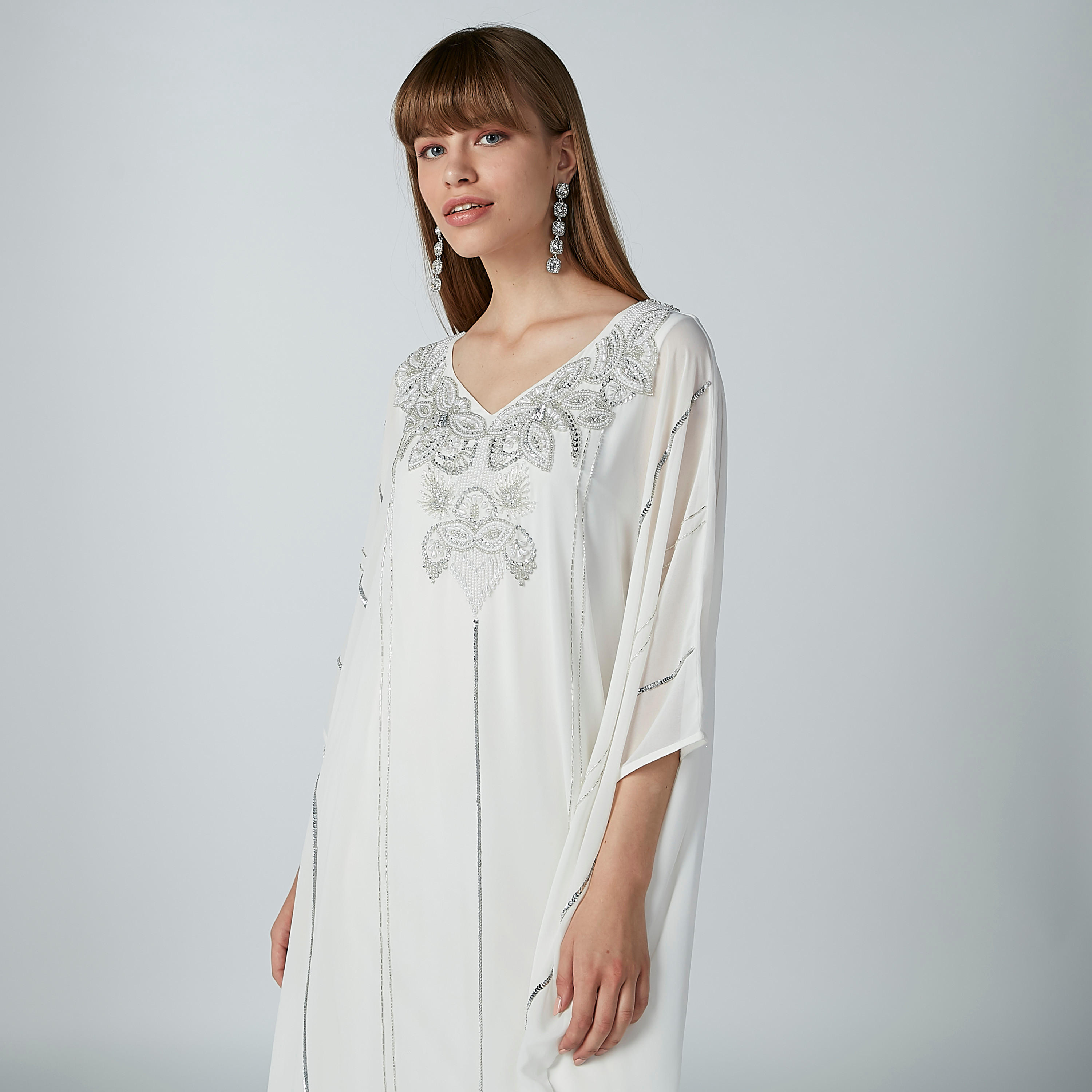 فستان خرز بأكمام 3/4 وياقة V-women-clothing-dresses-image-1