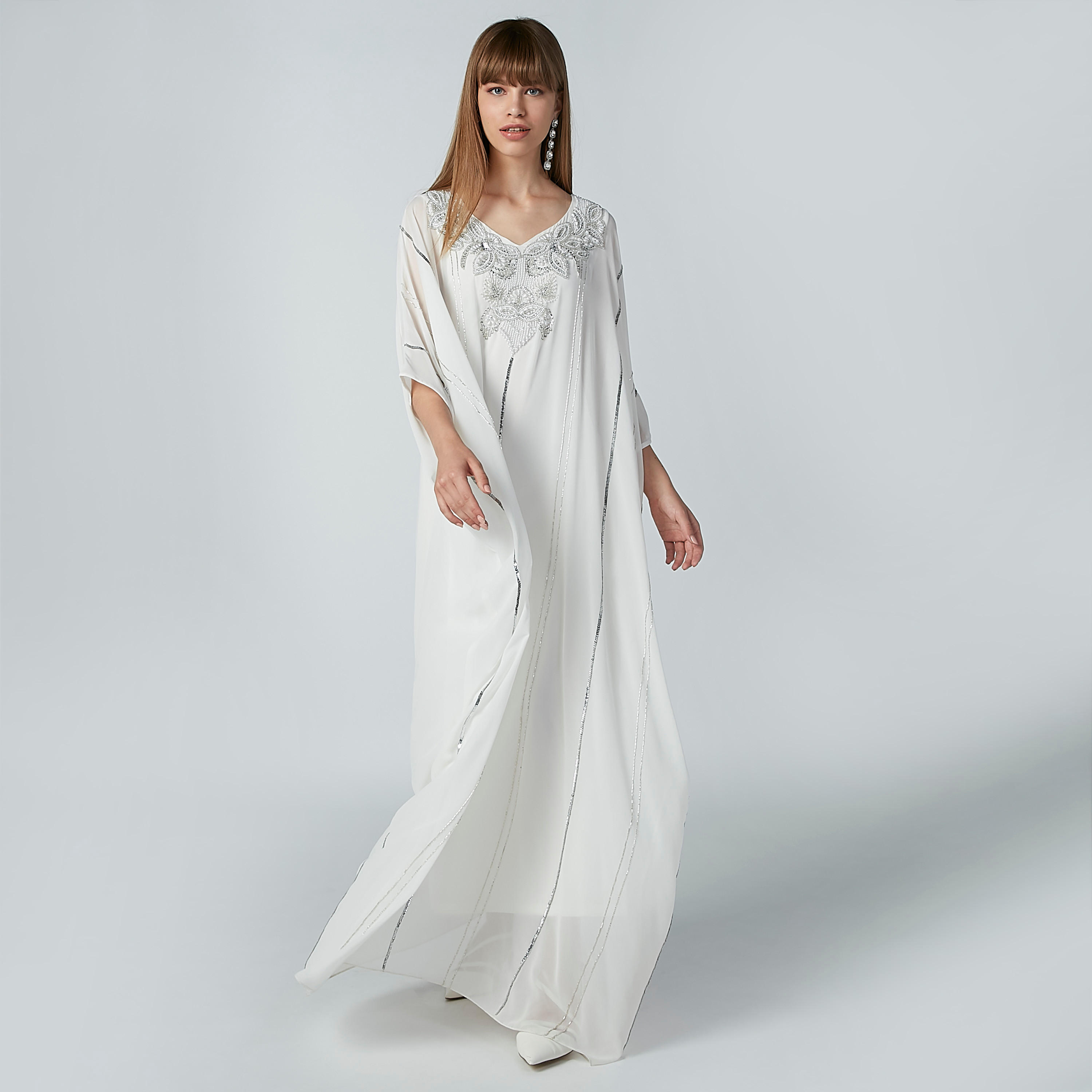 فستان خرز بأكمام 3/4 وياقة V-women-clothing-dresses-image-2