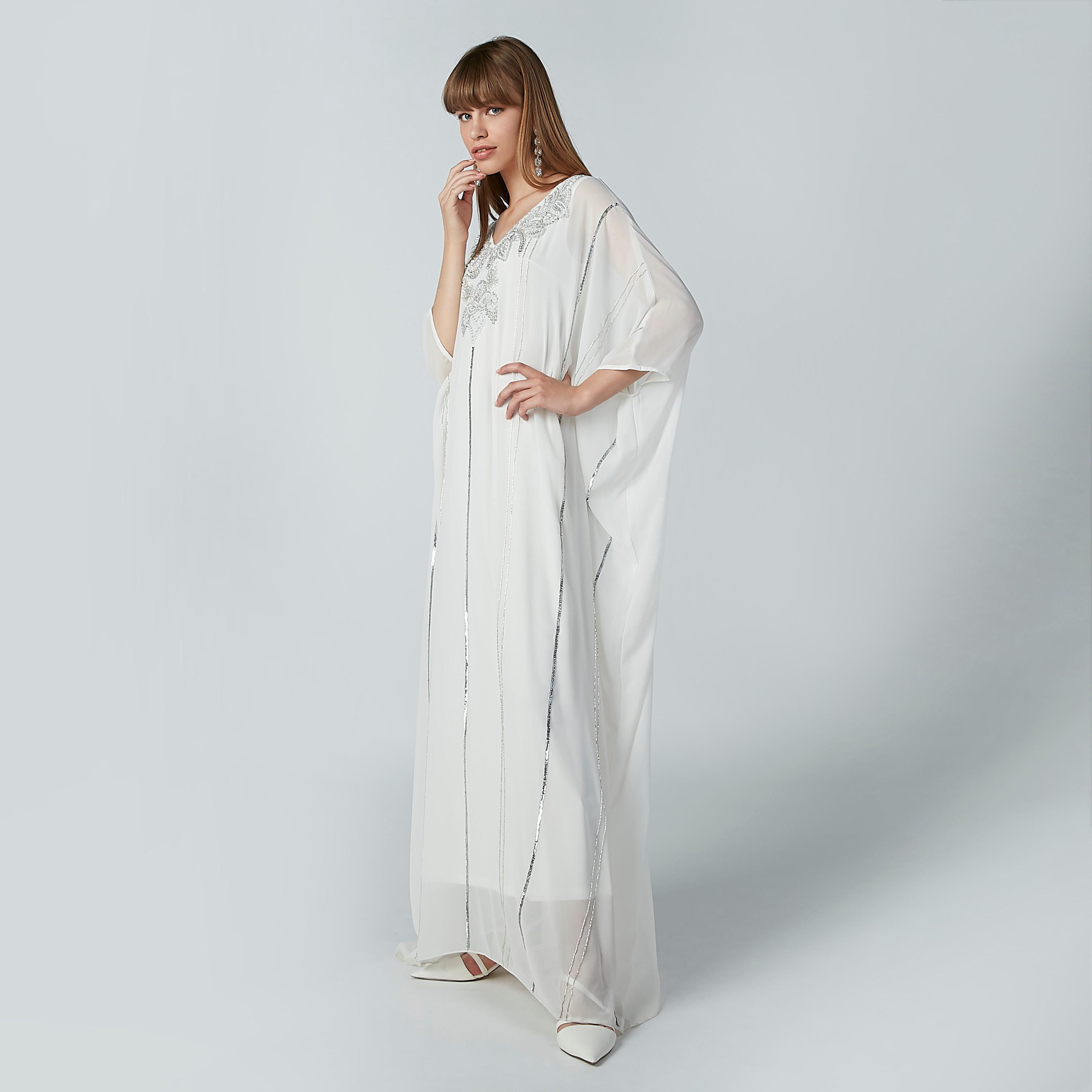 فستان خرز بأكمام 3/4 وياقة V-women-clothing-dresses-image-3